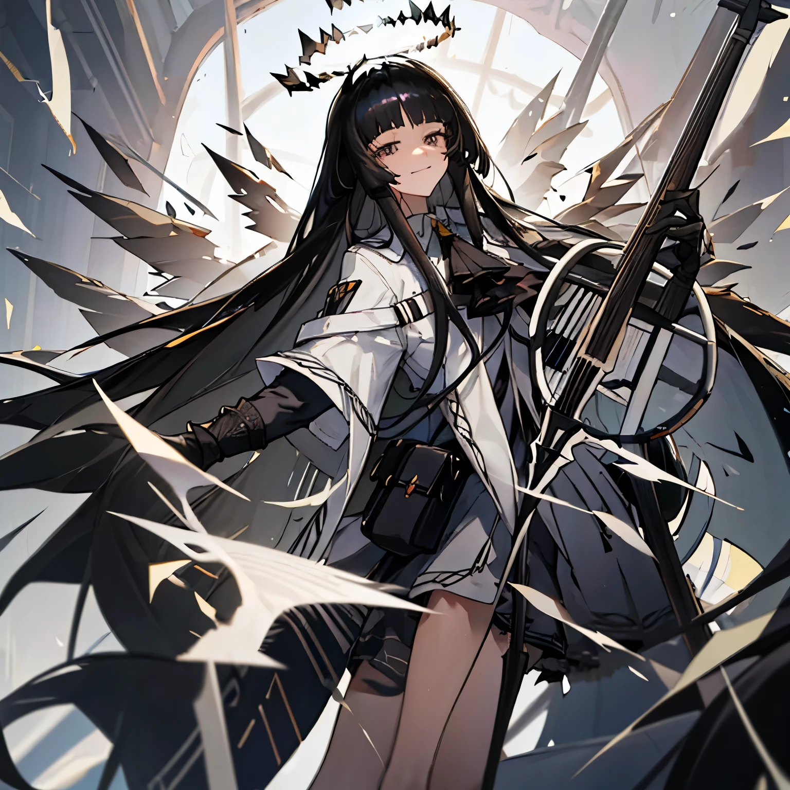 virtuosa_arknights,long_hair, bangs, black_hair, halo, smile, closed_mouth, ascot, very_long_hair, wings, black_eyes, blunt_bangs, masterpiece,no errors, perfect face, perfect body