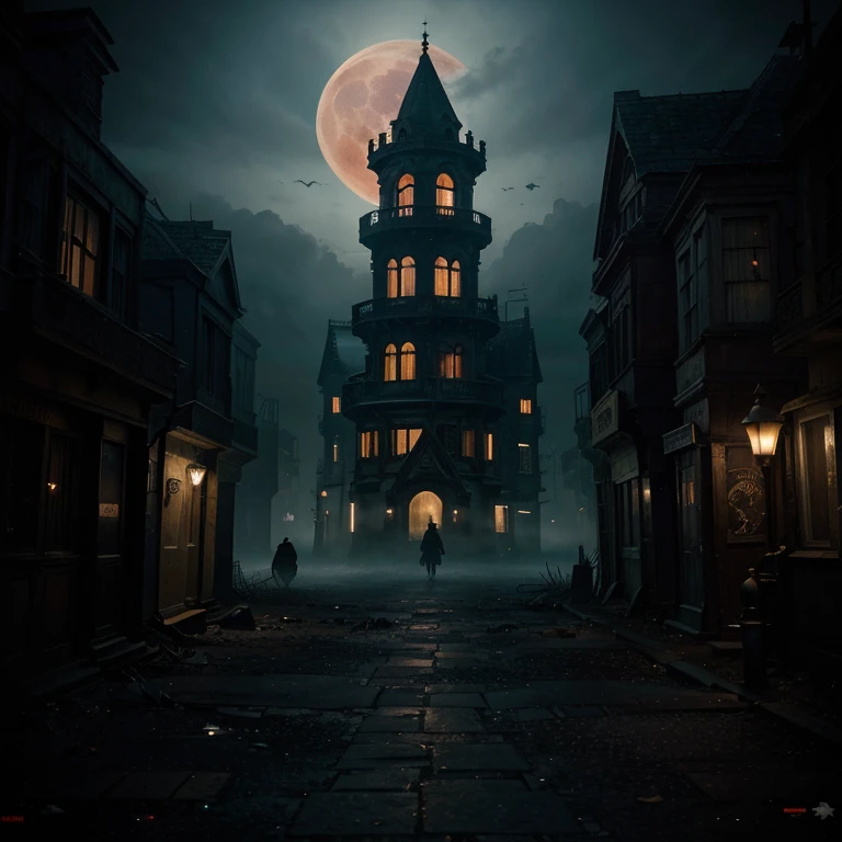 Imagine a dark, gothic setting, immersed in an atmosphere of cosmic horror. The narrow streets of a decaying city are shrouded in dense fog, where ancient and sinister buildings rise toward the torn sky. Flickering gas lamps cast flickering yellow light, casting distorted shadows that dance across the stone walls. On the horizon, a giant, deformed red moon hangs over the landscape, casting a disturbing light on the environment. Grotesque, distorted creatures roam the streets, some crawling in the darkness, others lurking in shadowy corners. Glowing, sinister eyes watch from abandoned windows, as indescribable sounds echo through the narrow alleys. The city's architecture is a mix of decaying Victorian elements and alien shapes, giving the landscape a touch of surreal horror. Twisted, spiky towers rise above the rooftops, reminiscent of a city that has been corrupted by forces beyond human comprehension. The streets are full of macabre details, such as torn banners, abandoned carriages and deformed statues. To recreate this ambience in an image, imagine a panorama that captures the desolate vastness of the city, with a focus on shadows and atmospheric lighting. Highlight the distorted silhouettes of the creatures that roam the streets and the sinister architectural details that make up the scenery. Use a dark color palette of deep blues, purples, and reds to evoke the sense of cosmic horror that permeates the world of Bloodborne. Let your imagination flow and create a visual representation that transports the viewer to this fantastic and terrifying universe. Capa de livro