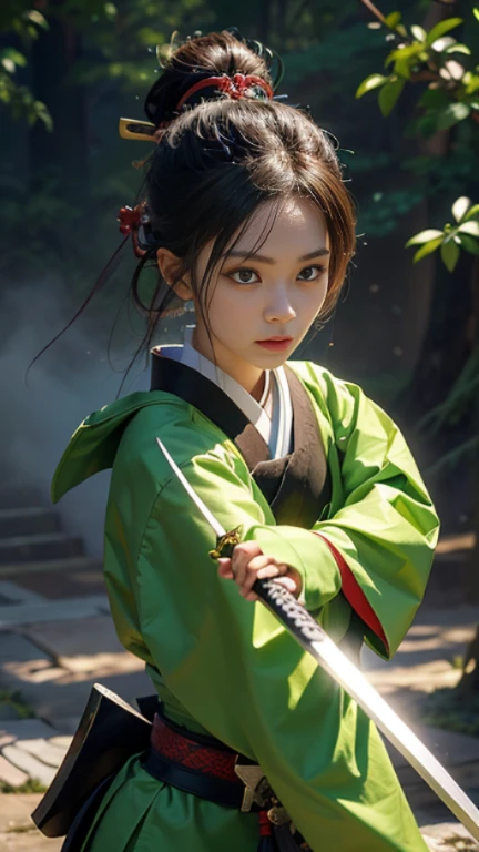 A beautiful female samurai swordsman wearing a bright green paster outfit.: Create an image showing a samurai warrior demonstrating great swordsmanship., With his sword, he cut through his opponents., Showing off his unrivaled abilities., epic, 8ก