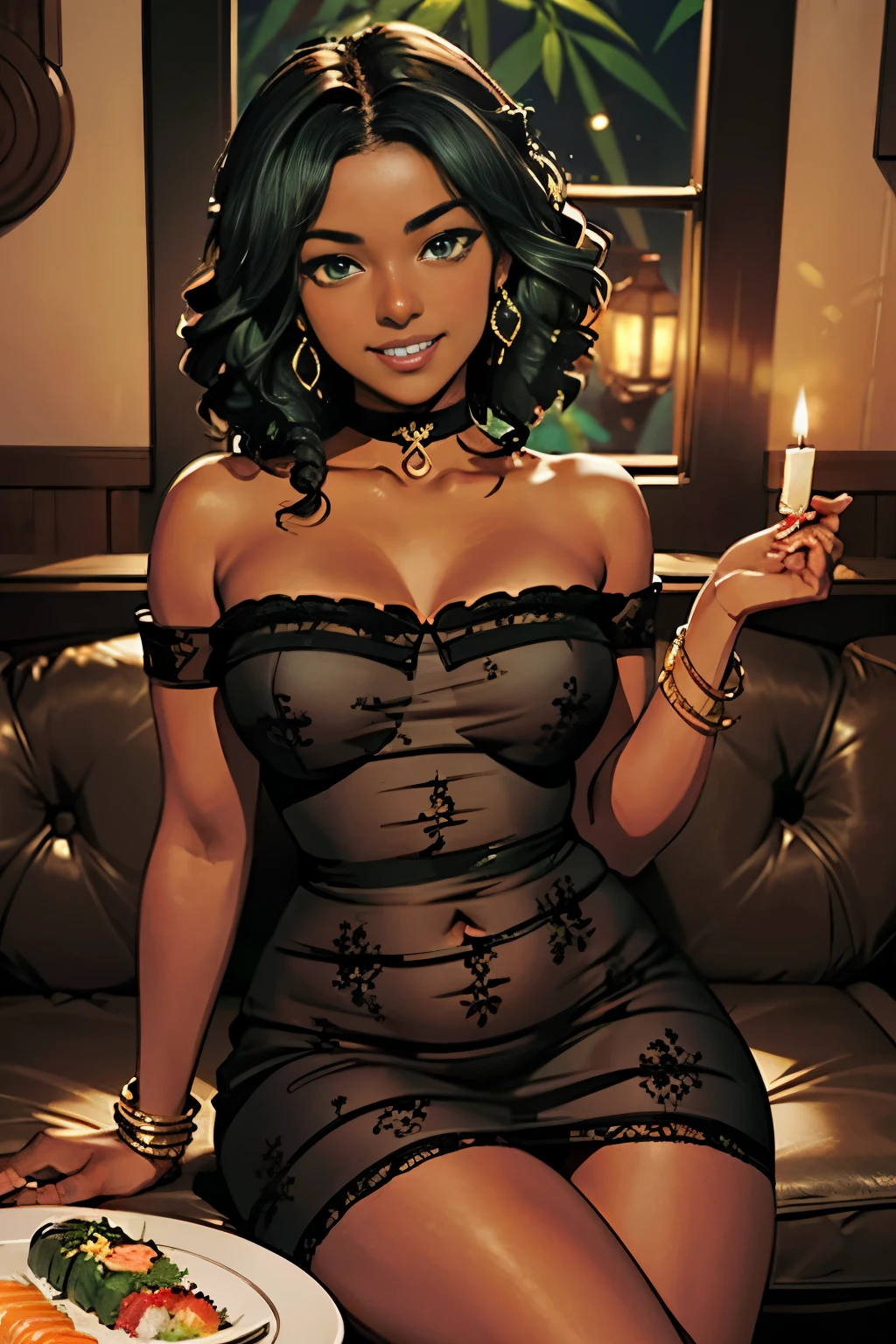 masterpiece, best quality, 1girl, ((short nerdy ((dark-skinned Haitian)) girl with braces)), smiling, lac3b0dyc0n, small breasts, bare shoulders, short tight black lace dress, lace choker, jade bracelets and armlets and anklets, long curly green hair, green eyes, rounded nose, full plump lips, sexy, sitting in cozy booth at detailed cannabis-themed omakase with potted cannabis sativa and sushi plate placed on candlelit table,