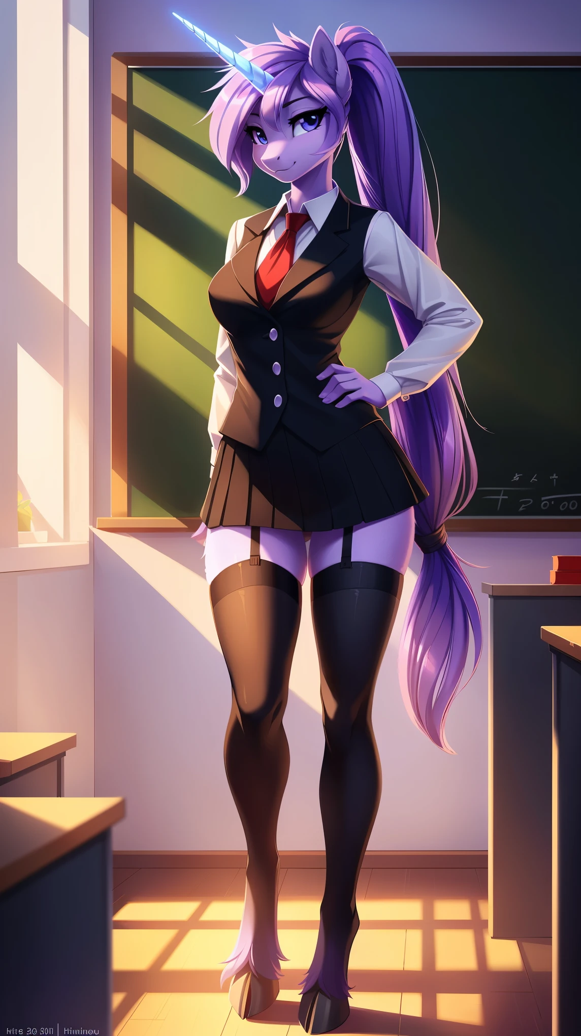 uploaded on e621, by Bayard Wu, by Hioshiru, by fluff-kevlar, by Thomas Benjamin Kennington, by Einshelm, solo anthro, ((latina)), adult teacher, ((teacher uniform, suit, glassres), (black stockings)), Fluffy pony, MLP, My Little Pony, (detailed background, classroom, full class, blured students), (lilac hair, long hair, long ponytail), (unicorn, small horn), focus on girl, flawless face, gorgeous body, Hourglass body, feet focus (hooves in legwears), Fluffy, fluffy girl, Body fur, Animal nose, muzzle, 1girl, full body, Detailed fur, Balanced coloring, ((Long mane, pony tail)), (Detailed fur), (detailed skin), (Cinematic lighting), commission for high res, Furry art, pov furry art, Sakimichan is beautiful, Masterpiece, Best Quality, Detailed image, Bright colors, Detailed Face, perfect lighting, Perfect shadows, Perfect eyes, focus on girl, flawless face, gorgeous body, seductive