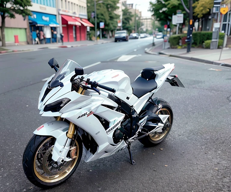 conduire une moto blanche dans une rue de la ville, very detailed. Motorcycle 50 cubic centimeters, 2024