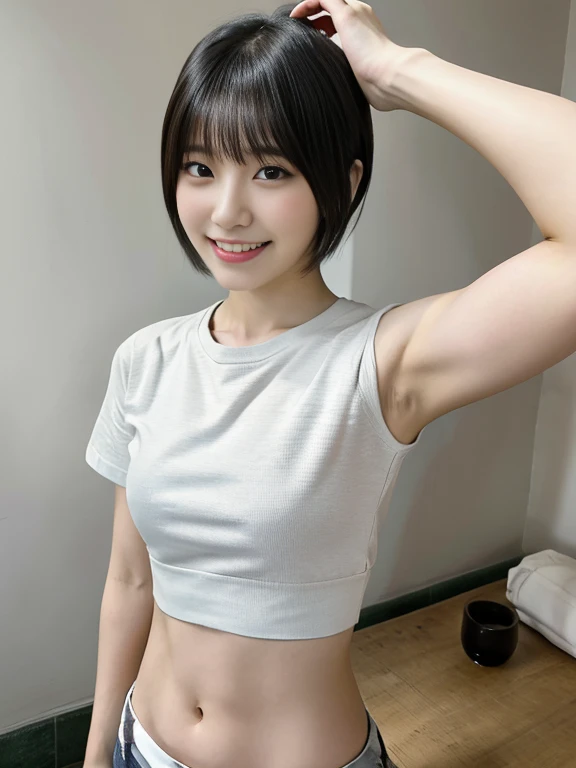 1 girl, big boobs, white tank top, black short miniskirt,bob hairstyles, smooth armpits, 18 year old japanese girl, ultra high res, 70mm lens, thin smile