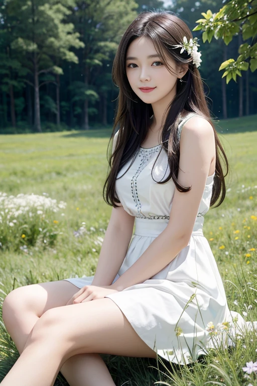 (masterpiece, highest quality),8K,close,One girl with long dark hair sitting in a field of green plants and flowers,warm lighting,white dress,smile,