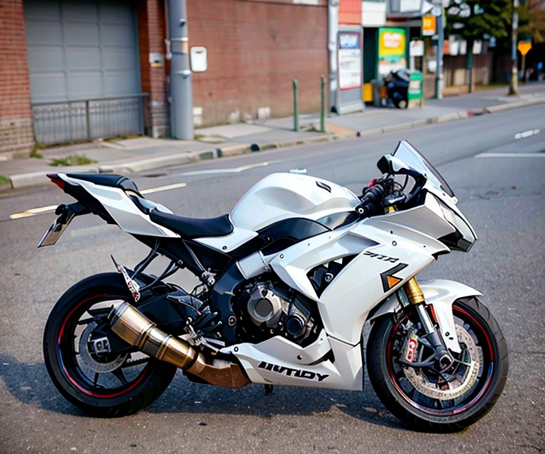  conduire une moto blanche dans une rue de la ville, very detailed