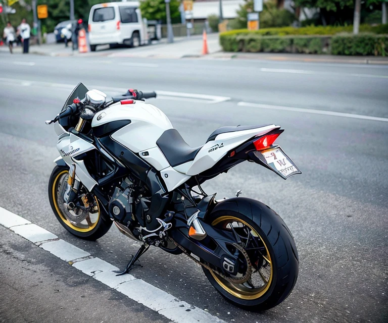 conduire une moto blanche dans une rue de la ville, very detailed