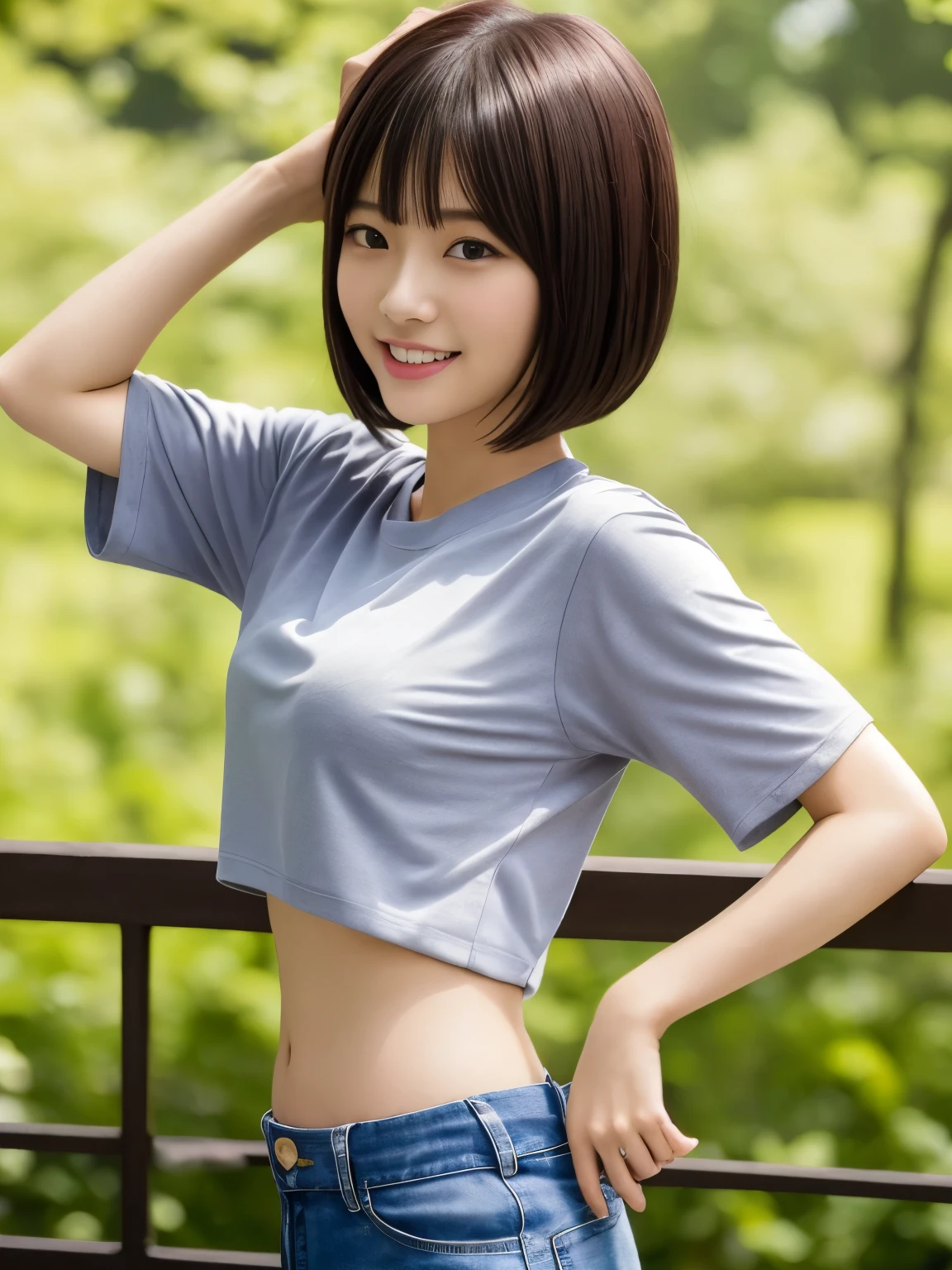 top-quality,masterpiece,Raw photography,8K,Top image quality,hight resolution, 18 years old Japanese female idol ,Beautuful Women,cute Japanese girls, Pretty Woman ,Beautiful face in every detail, aegyo sal ,small head, seductive smile ,Realistic human skin, pale skin ,cut model , Short hair ,bowl cut ,skinny body ,Sweat, t-shirts,rib ,(low rise pants,from side, put one's hand inside one's clothes ), navel focus, arched back,