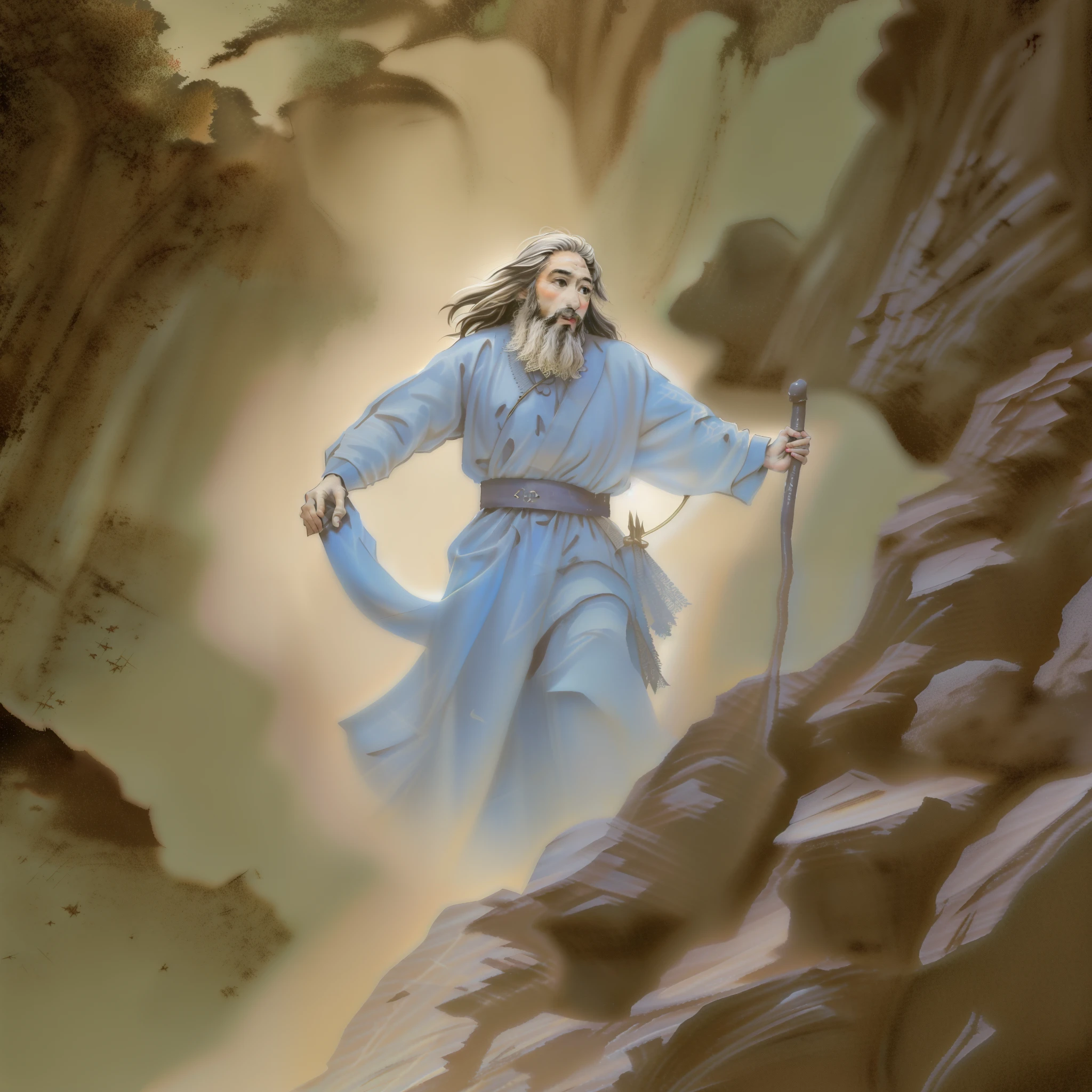 imagem arafiada de um homem com um cajado subindo uma montanha, moisés, epic biblical representation, biblical painting, por Daniel Taylor, por Scott M. Fischer, Direction: Robert Medley, arte conceitual de Deus, por Alexander Kucharsky, por Scott Gustafson, biblical art, Rob Rey, bible illustration, virgil finlaytim hildebrandt