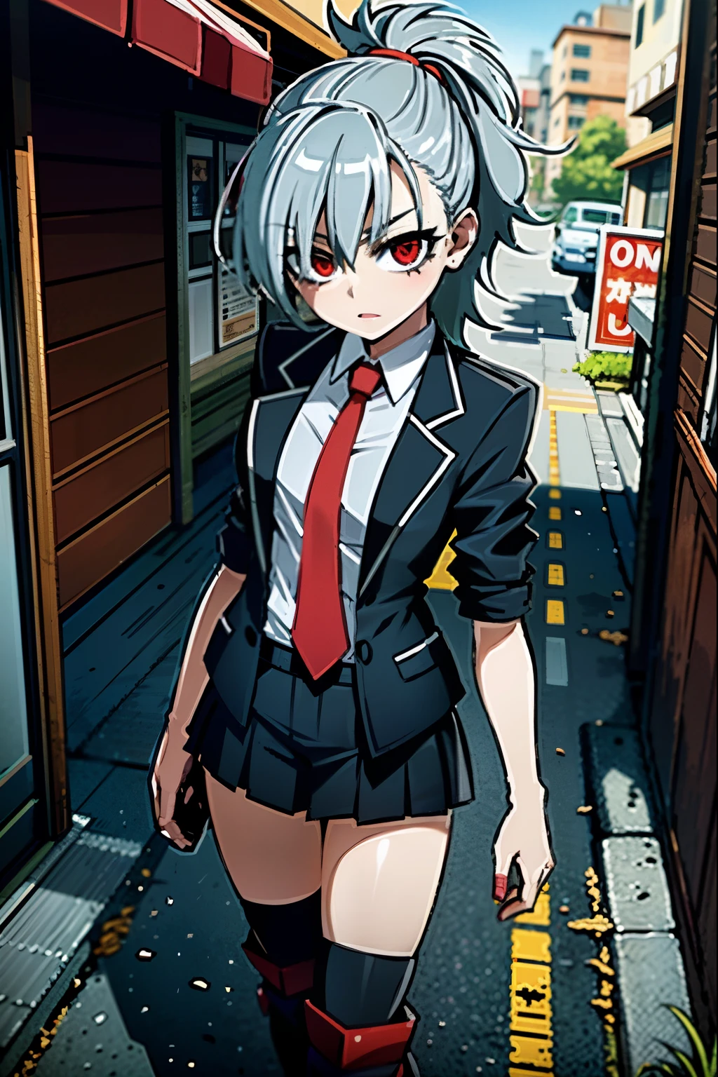 garota de anime com saia curta e jaqueta andando pela rua, Yandere. alto, estilo de arte anime moe, kantai collection style, NYARUKO-SAN, gapmoe Yandere, Yandere, da escola, fubuki, atraente matoi ryuko, arte oficial, uniforme jk, no estilo anime, Ayanami, shikami