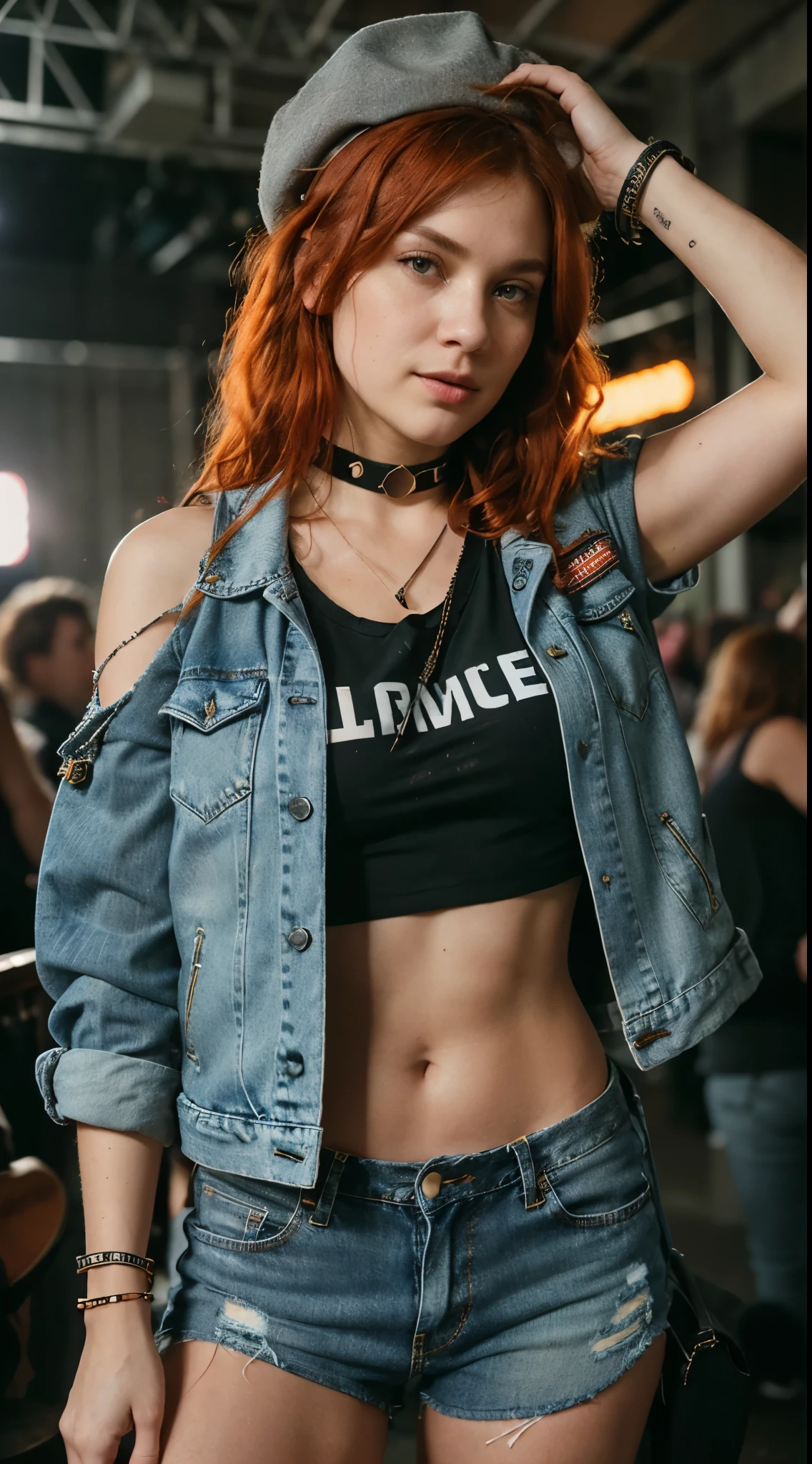 Beautiful and sexy Russian woman with light brown eyes, short bright orange hair, 29 years old, slim waist, very detailed, innocent face, face length 1.2 times face width, almond-shaped eyes, square face shape, cheekbones protruding, short wavy bright orange hair, brown eyes, peach breasts, high resolution, artwork, best quality, intricate details, very detailed, sharp focus, clear detailed skin, realistic skin texture, texture, detailed eyes, professional, 4k, charming smile, shot with Canon, depth of field, Kodak Vision Colors, Perfectly adjusted body, extremely detailed, photo_\(ultra\) , photorealistic, realistic, post-processing, Maximum detail, roughness, Real life, ultrarealistic, photorealism , photography, 8K Ultra HD, photography A,
Against the electric backdrop of a '90s rock concert, our redheaded protagonist emerges from the crowd, wearing a faded T-shirt from an iconic band of the era. The torn notes and striking verses of the song hang in the air, while she stands out with her oversized denim jacket, adorned with patches and wear that tell stories of the past.
Ripped jeans, sewn with rebellion, or frayed denim shorts, reveal a non-committal attitude. Their sturdy combat boots echo through the halls of the venue, a solid beat amidst the symphony of strident chords.
Striking accessories accompany her: leather chokers wrap around her neck, bracelets adorn her wrists, and a checkered print hat adds a grunge touch to the ensemble. Her red hair cascades over her shoulders, moving to the rhythm of the music that reverberates in the room.
Amidst the frenetic energy of the show, our redhead embodies the irreverent and authentic essence of 90s fashion, embodying the revolutionary spirit that echoes through generations of rock fans.