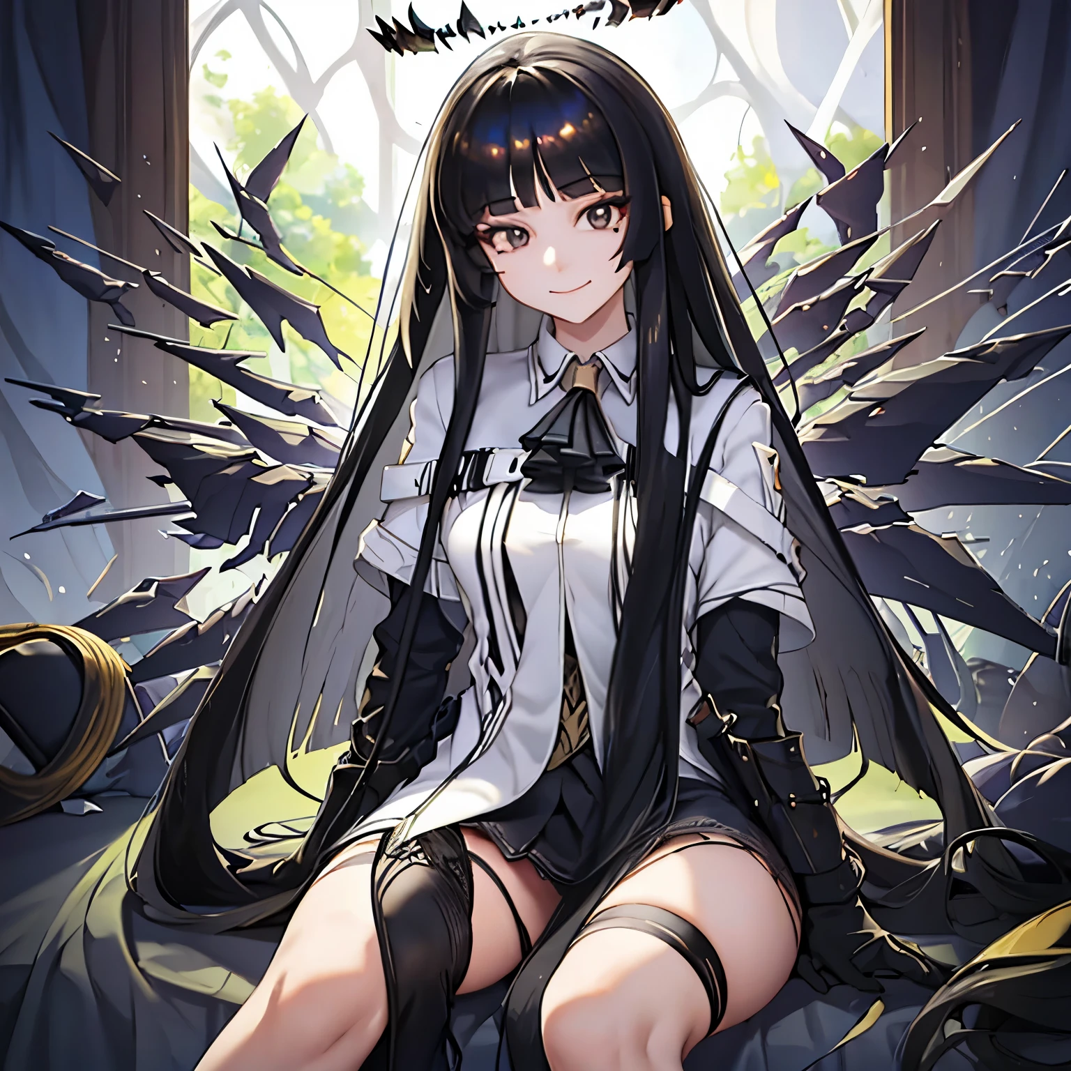 virtuosa_arknights,long_hair, bangs, black_hair, halo, smile, closed_mouth, ascot, very_long_hair, wings, black_eyes, blunt_bangs, masterpiece,no errors, perfect face, perfect body,2 arms,2legs,w sitting, sitting on ground,arms between legs,hands between legs 