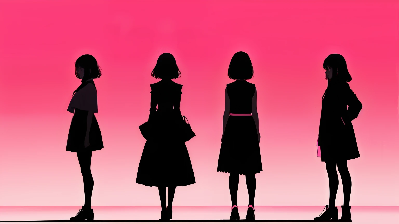 line of girls silhouette's standing, (line contour), dark pink background, ((high contrast))