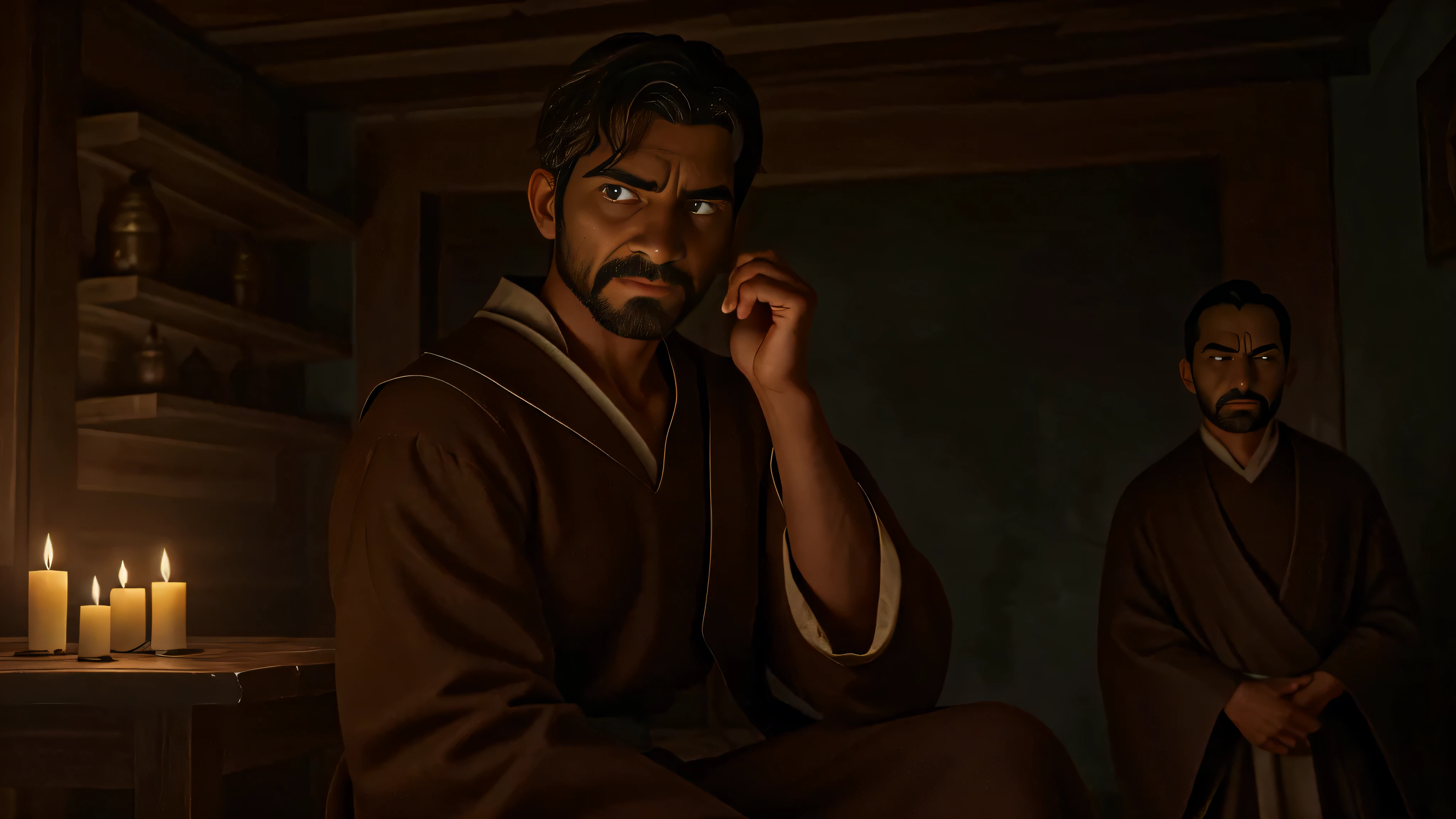 In a chilling and dark scene, a Spanish missionary of the Franciscan Order named Diego, in his sixty , is sitting, seen from the side. His face has an angry expression, the veins on his face stand out and his forehead is sweaty, with piercing dark eyes and a sharp, pointed nose. His lips are open shouting foul words, revealing a strong sense of determination. Diego is dressed in the traditional brown Franciscan robe, which has a worn and weathered texture, indicating his long and challenging journey in the missionary work. The robe is adorned with intricate embroidery, symbolizing his devotion and dedication to his faith. Beside Diego stands another character, who is shrouded in darkness. Their identity is obscured, creating an air of mystery and suspense. The figure is bent over and with his head drooping, with an expression of submission and anger that hints at hidden intentions. He is a wiry old monk a fellow missionary, adding a layer of complexity to the scene. The scene is bathed in dim, flickering candlelight, casting haunting shadows that dance along the walls. The subdued lighting creates an eerie and somber atmosphere, reflecting the hardships and challenges faced by Diego and his companions during their mission work. The overall image quality is of the best quality, with ultra-detailed rendering that captures every minute detail of Diego's appearance and the surrounding environment. The colors are deep and rich, emphasizing the dark and mysterious ambiance of the scene. The room where they are located is rustic, with mud and cracked brown walls.The prompt also ensures a realistic and photorealistic representation, replicating the subtle nuances of light and shadow with precision. The art style combines elements of portraiture and historical narrative, blending realism with a touch of artistic interpretation. The colors are dominated by shades of deep browns and muted earth tones, creating a sense of historical authenticity. The lighting accentuates the dr