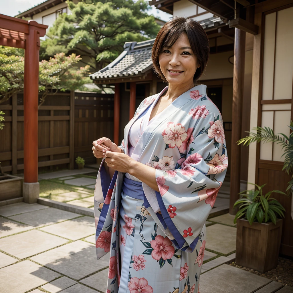 Japanese, Mature, 60 years old, big , upper body, outside, smile, kimono