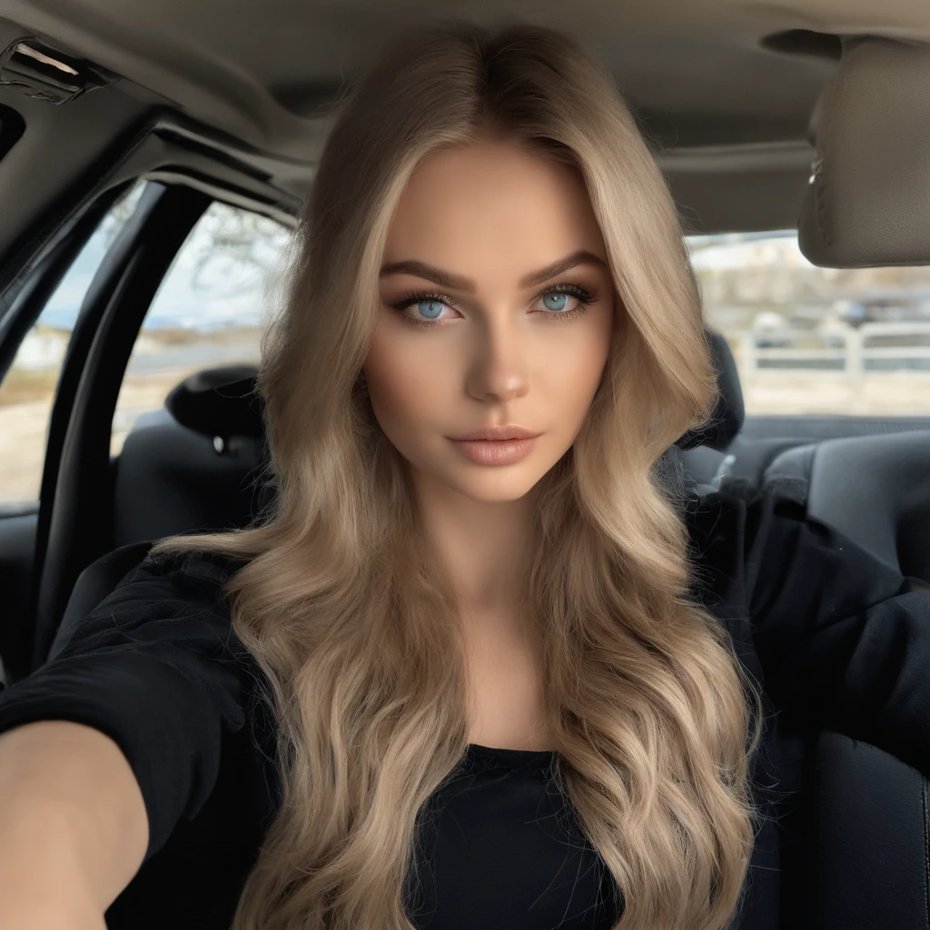 arafed frau voll , Sexy girl with blue eyes, Ultrarealistisch, Akribisch detailliert, Portrait of Sophie Mudd, blonde hair and big eyes, Selfie of a age girl, Schlafzimmer Augen, Olivia Dunne, ohne Makeup, natural makeup, direkt in die Kamera schauen, Gesicht mit Artgram, dezentes Make-up, breathtaking full body shot, Im Auto am strand, small bust;