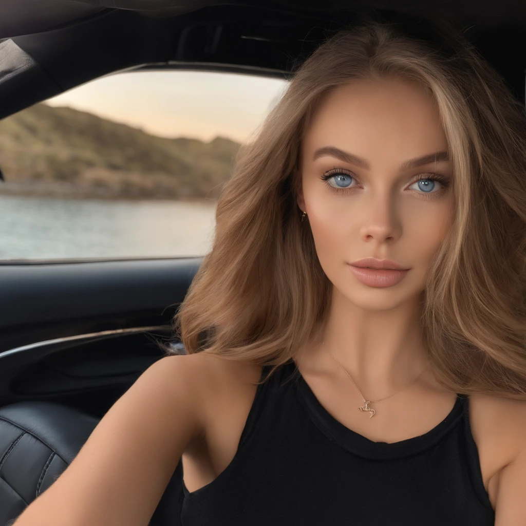 arafed frau voll , Sexy girl with blue eyes, Ultrarealistisch, Akribisch detailliert, Portrait of Sophie Mudd, blonde hair and big eyes, Selfie of a age girl, Schlafzimmer Augen, Olivia Dunne, ohne Makeup, natural makeup, direkt in die Kamera schauen, Gesicht mit Artgram, dezentes Make-up, breathtaking full body shot, Im Auto am strand, small bust;