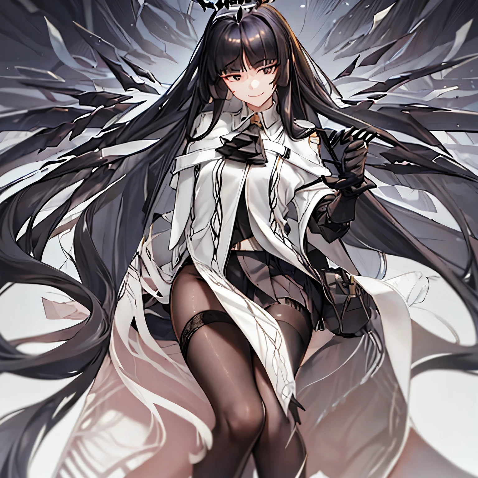 virtuosa_arknights,long_hair, bangs, black_hair, halo, smile, closed_mouth, ascot, very_long_hair, wings, black_eyes, blunt_bangs, masterpiece,no errors, perfect face, perfect body,2 arms,2legs,w sitting, sitting on ground,arms between legs,hands between legs 