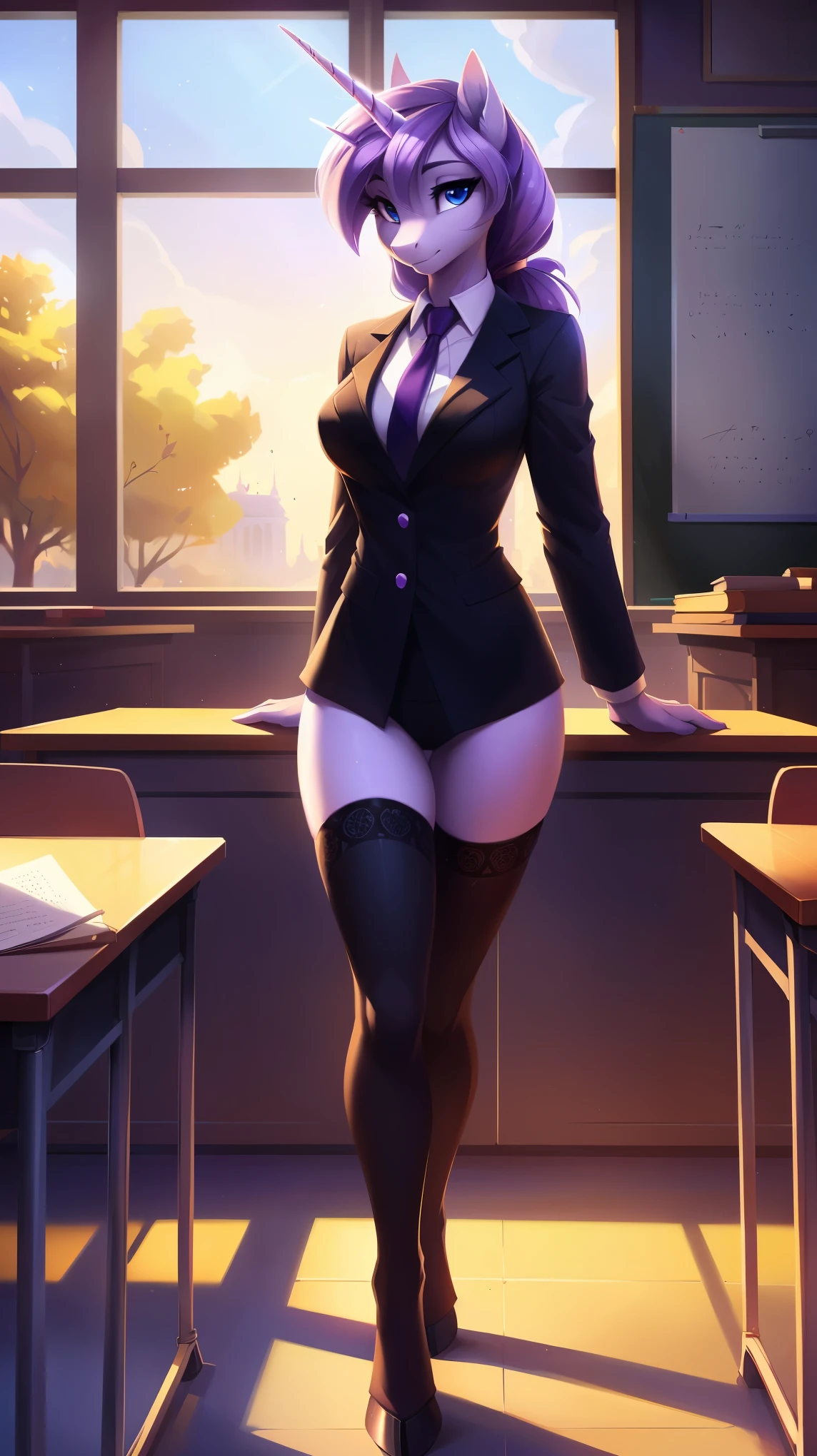 ((masterpiece)), ((best quality)), (ultra-detailed), ((kawaii)), ((sexy)), (ero), ((extremely detailed)), 4K, (8K), best quality, (beautiful), realistic, full body focus, classroom, a pretty girl, adult:1.6, solo, teacher uniform:1.8, leather skirt:1.8, lace lingerie, beautiful dark purple hair, hair up:1.6, beautiful brown eyes, ((beautiful eyes with highlights)), ponytail, transparent hair, translucent hair, medium breast, strict suit:1.8, garter belt, stockings:1.8, heels:1.5, glasses, lewd:1.5, evening light, reflection effect, anthro beauty