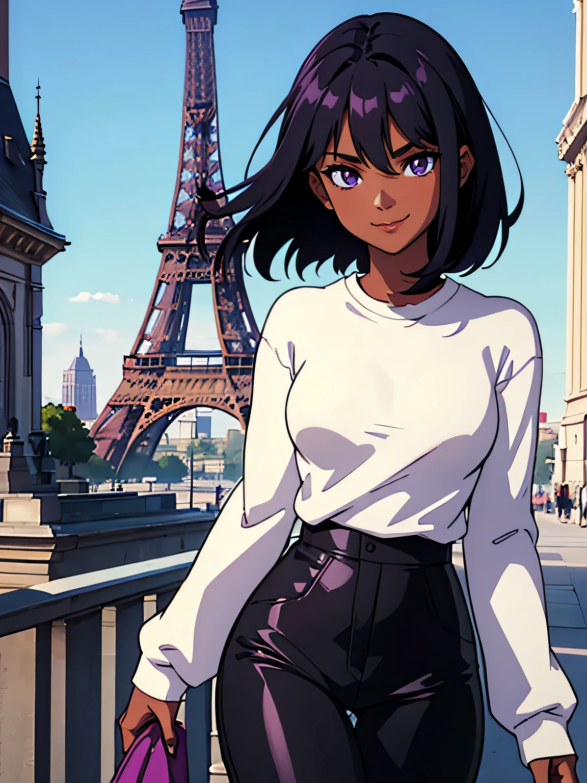 1fille, Seulement, cheveux noirs, peau sombre, Souriant, yeux violets, seins moyens, taille fine, elle se dirige vers la caméra devant la Tour Eiffel, elle porte un pantalon moulant blanc avec un large sweat-shirt noir