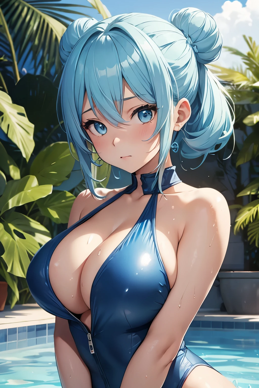 Beautiful girl, swimsuit, light blue hair, bun tails, wet skin, sweat, big breasts, cleavage,