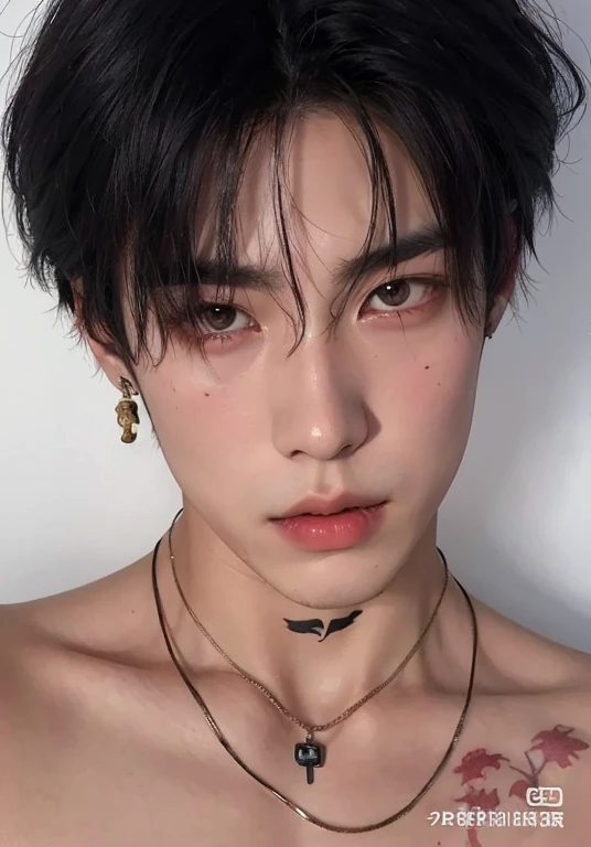 Un primer plano de una persona con un collar en el cuello, handsome japanese demon boy, pintar ulzzang, cai xukun, yanjun chengt, 1 7-year-old boy with a thin face, inspirado en Yanjun Cheng, delicate androgynous prince, androgynous face, beautiful androgynous prince, cara perfecta y chico, hombre surcoreano