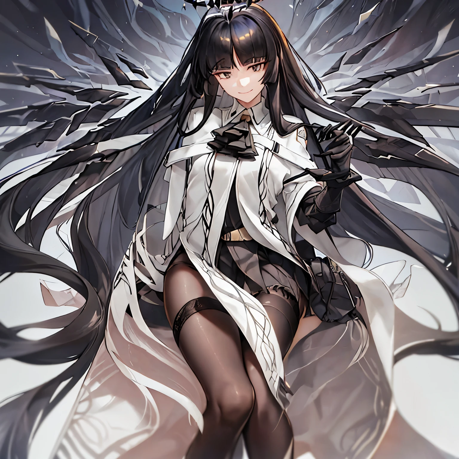 virtuosa_arknights,long_hair, bangs, black_hair, halo, smile, closed_mouth, ascot, very_long_hair, wings, black_eyes, blunt_bangs, masterpiece,no errors, perfect face, perfect body,2 arms,2legs,w sitting, sitting on ground,arms between legs,hands between legs