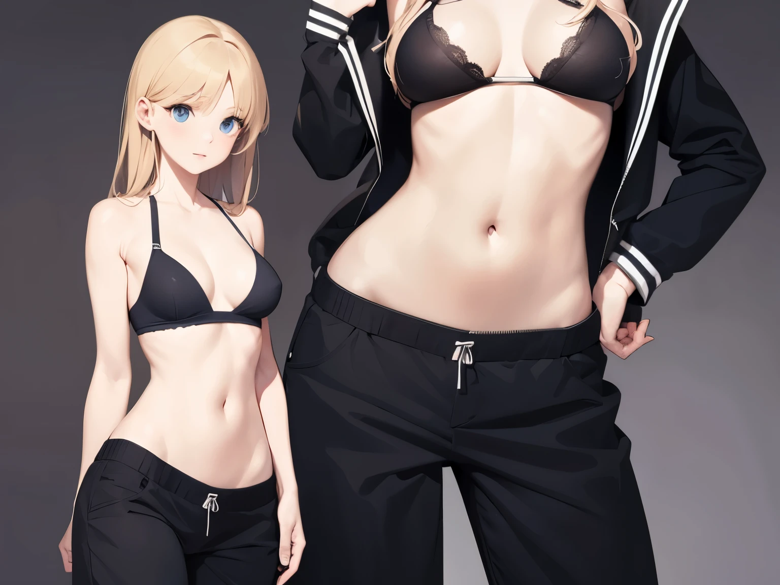 Semi realistic girl in bra and baggy pants with defined abdomen and ribs
