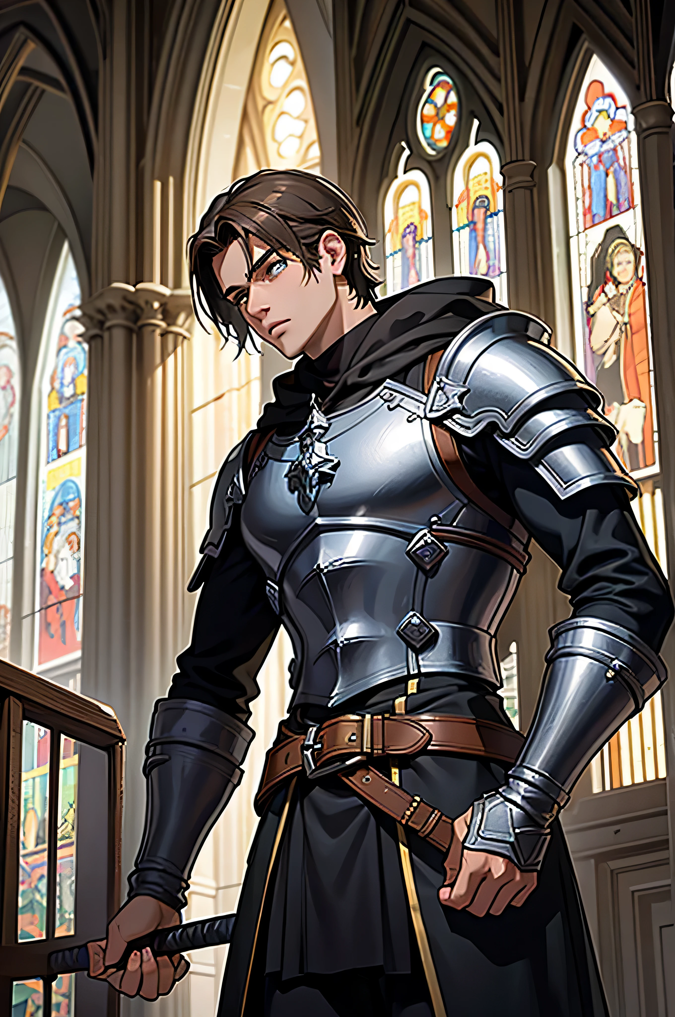 melhor qualidade, 4k, 8k, super detalhado, Um homem jovem e digno, vestindo armadura pesada，Segurando a espada sagrada grande，Fique no nevoeiro，Behind him was a huge and magnificent church,32K, melhor qualidade, obra de arte, super detalhe, Alto detalhe no estilo dark souls