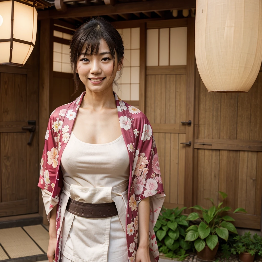 Superb masterpiece, upper body, (adult: 1.6) Japanese woman, (giggle: 0.4), arms behind the head, kimono, centered, smile