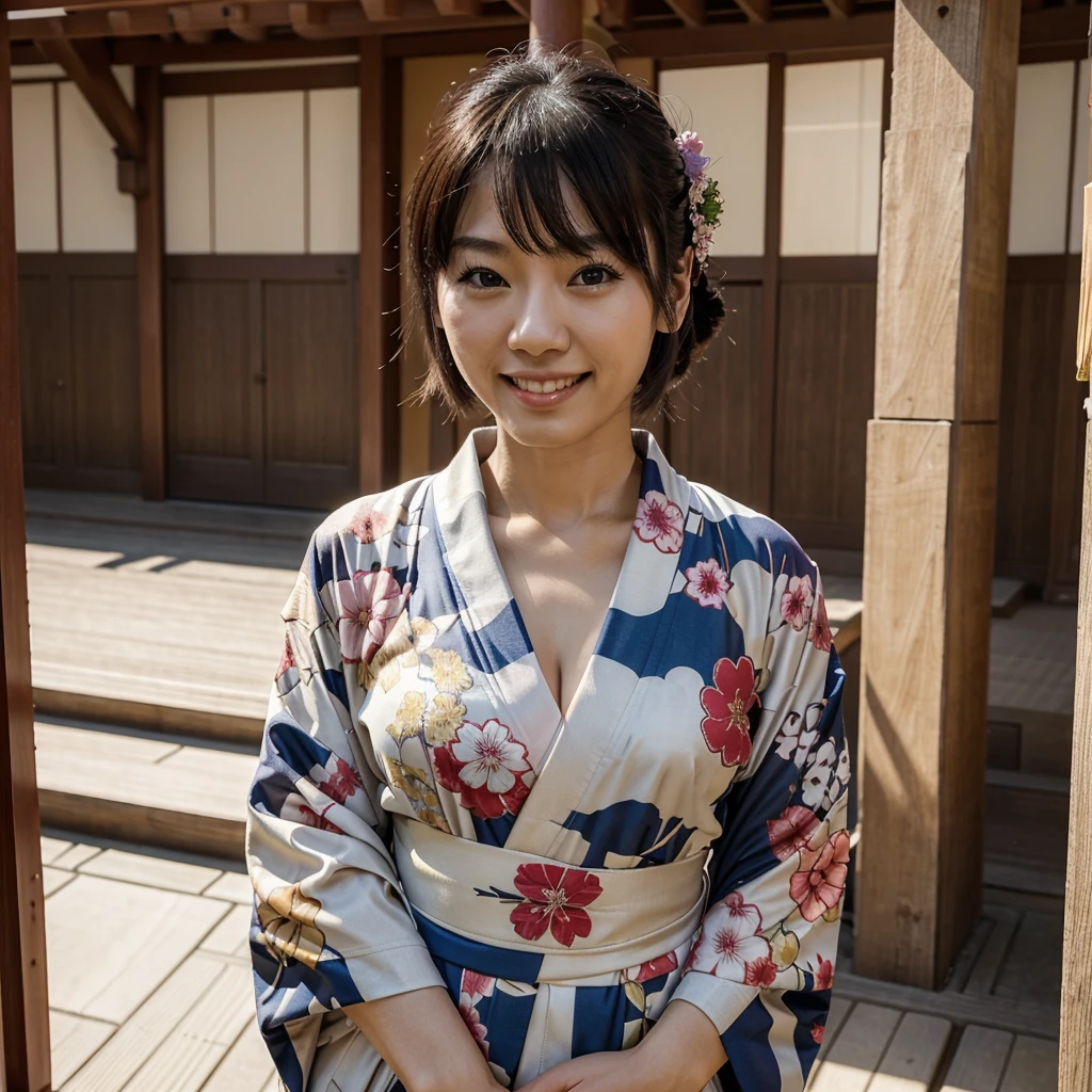 Superb masterpiece, upper body, (adult: 1.6) Japanese woman, (giggle: 0.4), arms behind the head, kimono, centered, smile