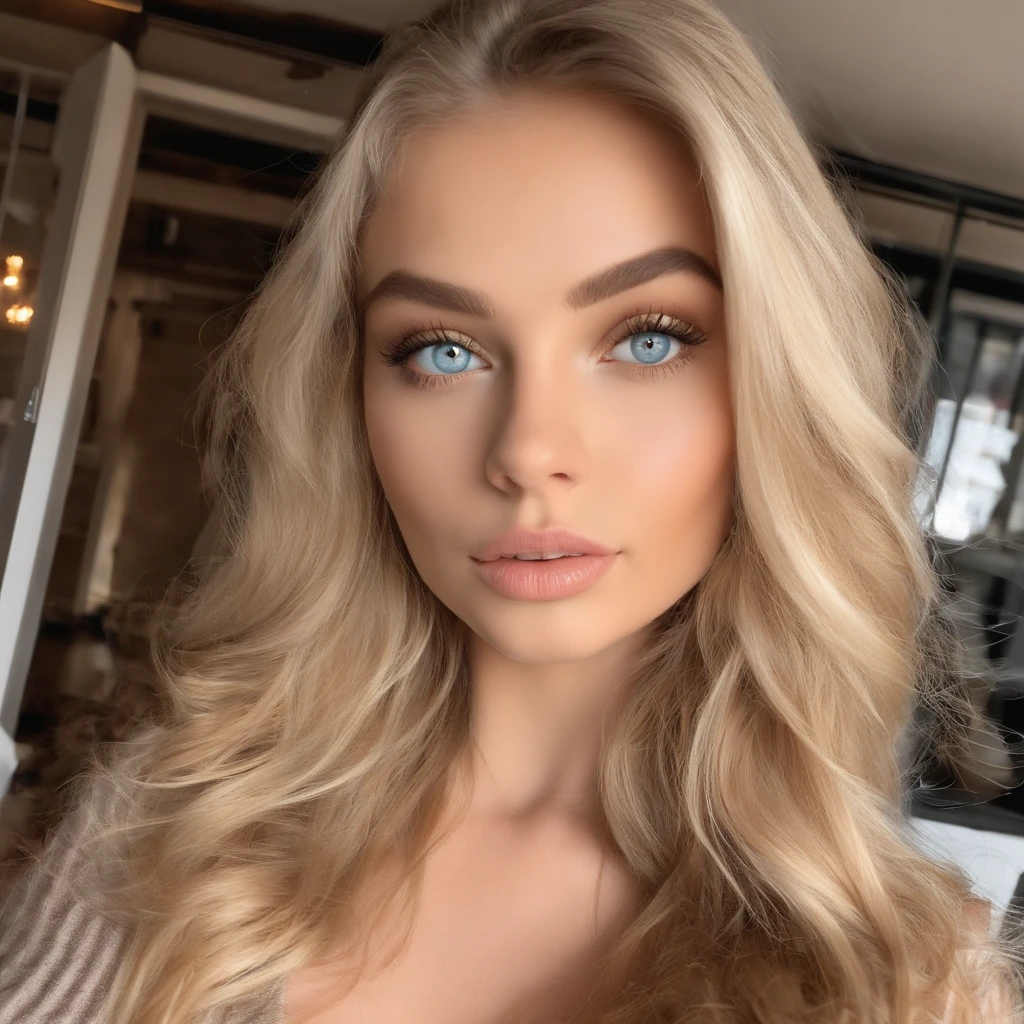 arafed frau voll , Sexy girl with blue eyes, Ultrarealistisch, Akribisch detailliert, Portrait of Sophie Mudd, blonde hair and big eyes, Selfie of a age girl, Schlafzimmer Augen, Olivia Dunne, ohne Makeup, natural makeup, direkt in die Kamera schauen, Gesicht mit Artgram, dezentes Make-up, breathtaking full body shot, An einer Bar, small bust;