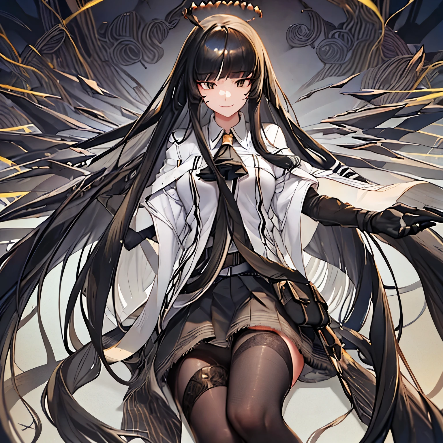 virtuosa_arknights,long_hair, bangs, black_hair, halo, smile, closed_mouth, ascot, very_long_hair, wings, black_eyes, blunt_bangs, masterpiece,no errors, perfect face, perfect body,2 arms,2legs,w sitting, sitting on ground,arms between legs,hands between legs,five fingers each hand,clear hands, perfect hands,one hand each arm