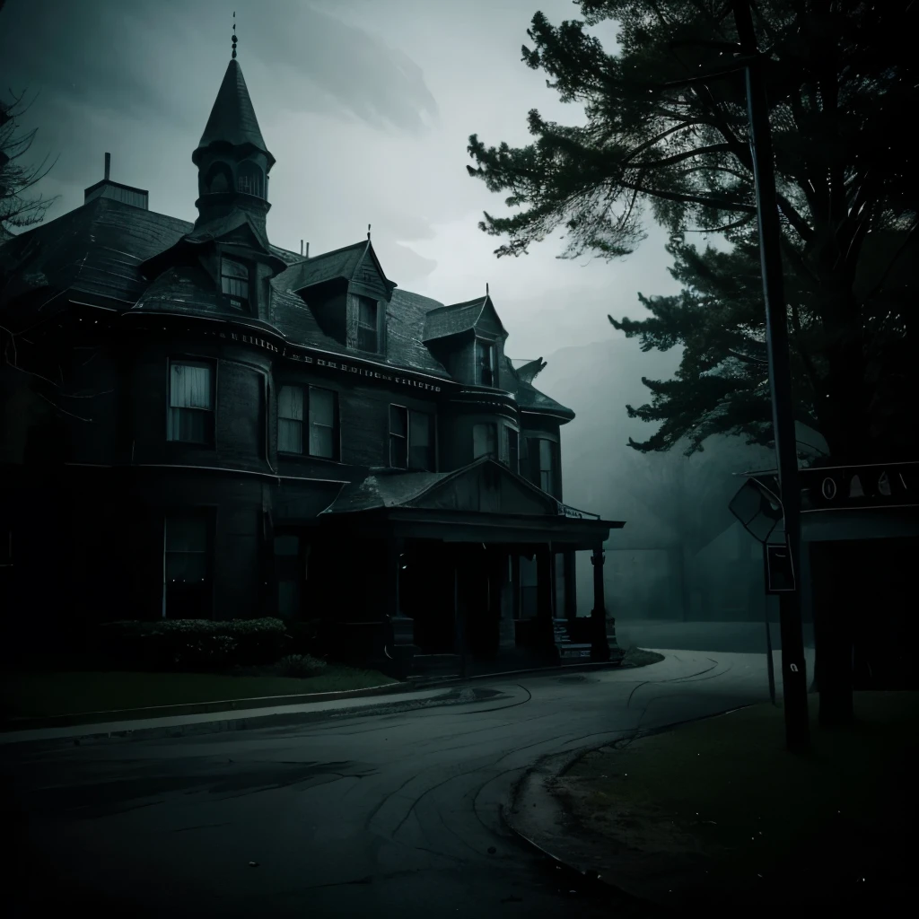 Develop a scary image of a haunted hotel. Include dark and mysterious elements that convey a sense of horror. Be sure to incorporate details like creaking doors, dark hallways, ominous shadows, and, if possible, ghostly figures. The atmosphere should evoke a feeling of fear and suspense, as if something supernatural is about to happen. Use your creativity to create an image that leaves a lasting impression of haunting and mystery."