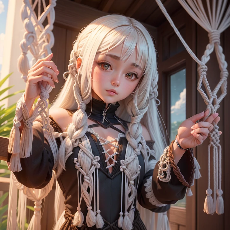 (((Macrame))),macrame Doll with long hair and beautiful face,cute and cuddly,8k,highly detailed,masterpiece,anime style, by senior concept artist