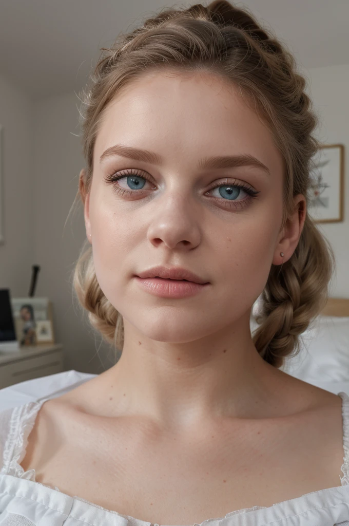 fille blanche, coucher sur un lit, dans une chambre classique, etc.., in background. elle porte des oreilles de chat blanches. Elle a une coiffure twintail. fille de 16 ans, mince , fille, beaux seins. chef-d&#39;artwork, 8K, 4k, high resolution, DSLR, ultra quality, Sharpness, merci Sharp, DOF, grain de film, Fujifilm XT3, clair comme de l&#39;eau de roche, 8k euh, beautiful eyes with very large, dilated pupils, highly detailed skin, pores de la peau, attractive, regarder, on voit son dos, bewitching lady with beautiful long hair, full lips, LONGUES JAMBES, pretty face wearing torn jump clothes. , Realistic colors, Realistic, photoréalist