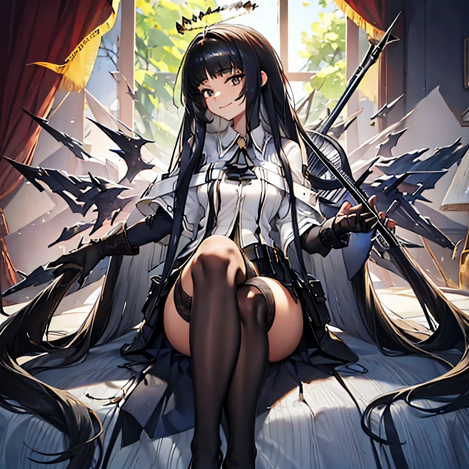 virtuosa_arknights,long_hair, bangs, black_hair, halo, smile, closed_mouth, ascot, very_long_hair, wings, black_eyes, blunt_bangs, masterpiece,no errors, perfect face, perfect body,2 arms,2legs,w sitting, sitting on ground,arms between legs,hands between legs,five fingers each hand,clear hands, perfect hands,