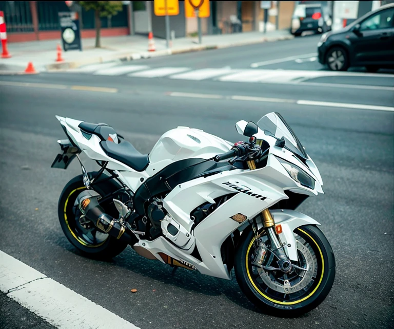 conduire une moto blanche dans une rue de la ville, very detailed. Motorcycle 50 cubic centimeters, 2024. Very powerful light with dark contrast
