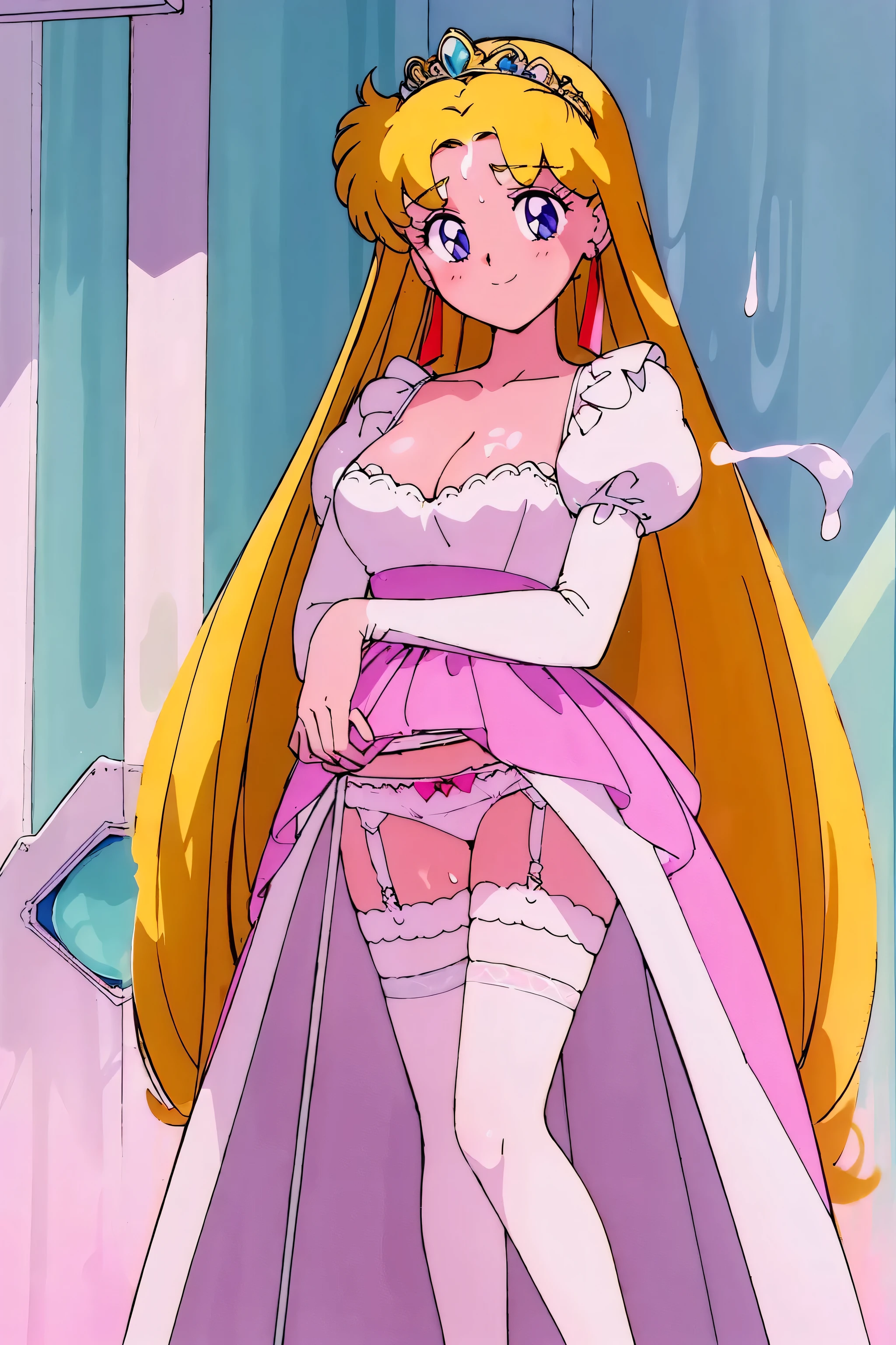 highest quality, masterpiece, 1 girl, shine background, looking at the viewer, portrait, light smile, shine, pastel colour, puff sleeve princess dress, long skirt, cleavage, garter belt, Panty stocking, skirt lift, how, how shot, how on face, how on breast, facial,