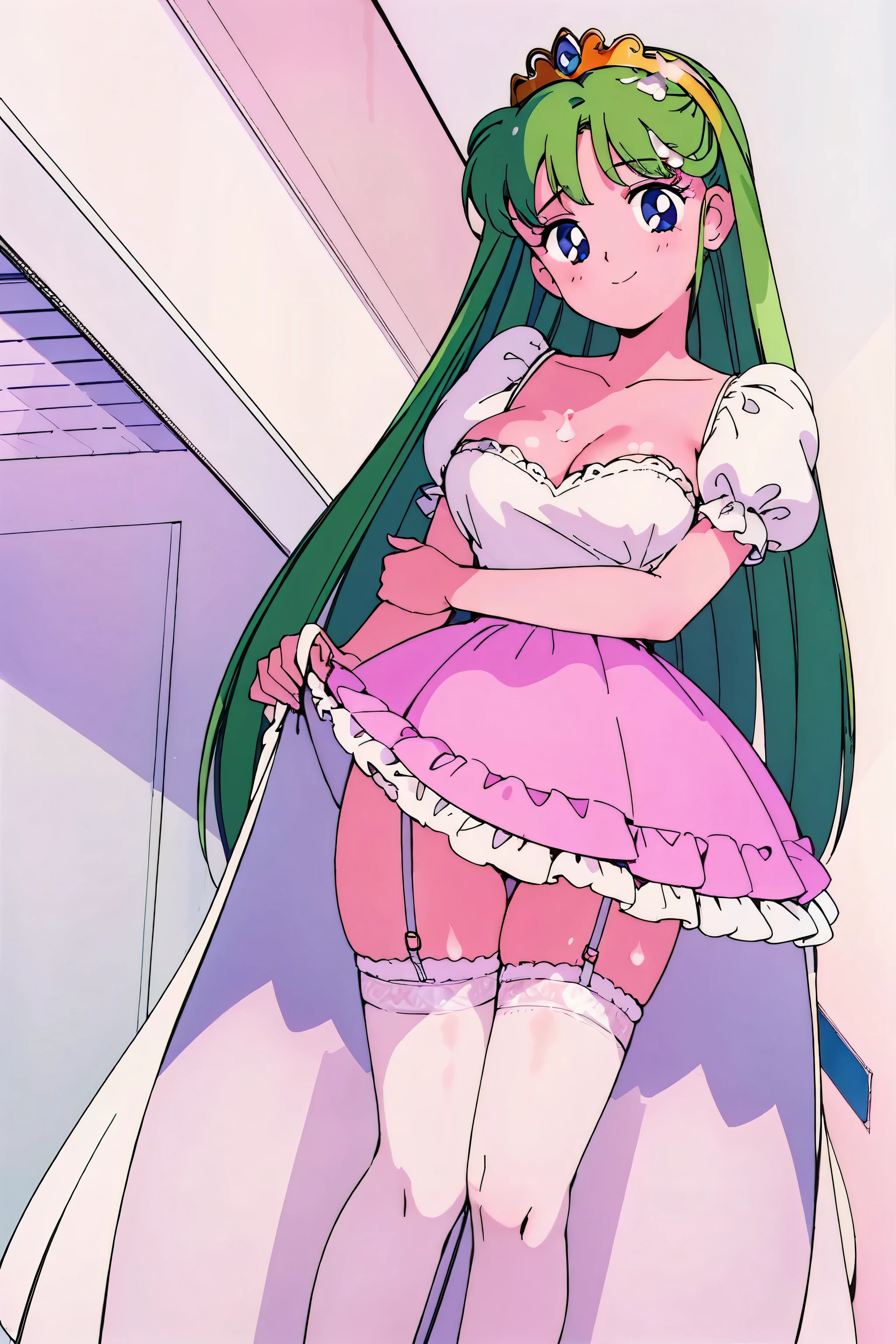 highest quality, masterpiece, 1 girl, shine background, looking at the viewer, portrait, light smile, shine, pastel colour, puff sleeve princess dress, long skirt, cleavage, garter belt, Panty stocking, skirt lift, how, how shot, how on face, how on breast, facial,