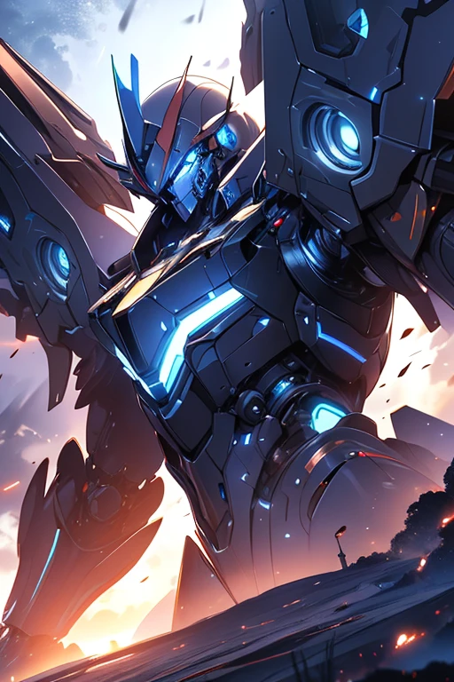 masterpiece,bestquality,highlydetailed,ultra-detailed,extremely detailed CG unity 8k wallpaper,illustration,mechpp,no humans,wings,robot,mecha,blue eyes,solo,glowing eyes,aegis,upper body,