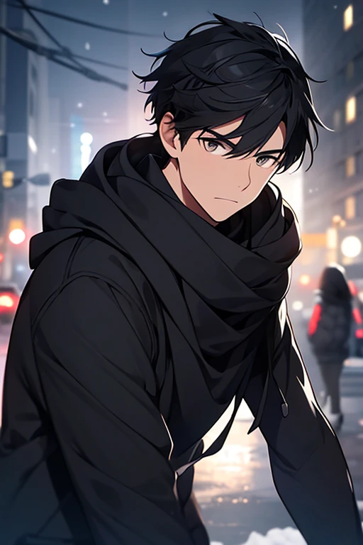 a man with a black hair and a black outfit and a black scarf and a black hoodie and a black and white background, (1girl:0.872), (black hair:0.758), (blurry:0.926), (blurry background:0.703), (brown eyes:0.562), (depth of field:0.625), (long hair:0.855), (outdoors:0.541), (scarf:0.9), (snow:0.925), (solo:0.886), (upper body:0.683)