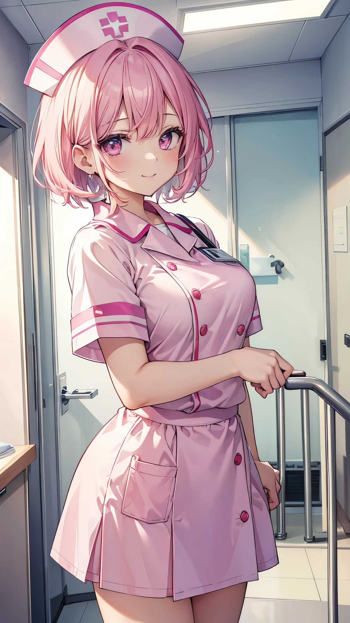 1girl, solo, nurse, nurse cap, white wear, ((white legwear, zettai ryouiki)), white gloves, pink hair, green eyes, drooping eyes, smile, standing, ((hospital room)), sharp outline, short sleeves, best quality, masterpiece