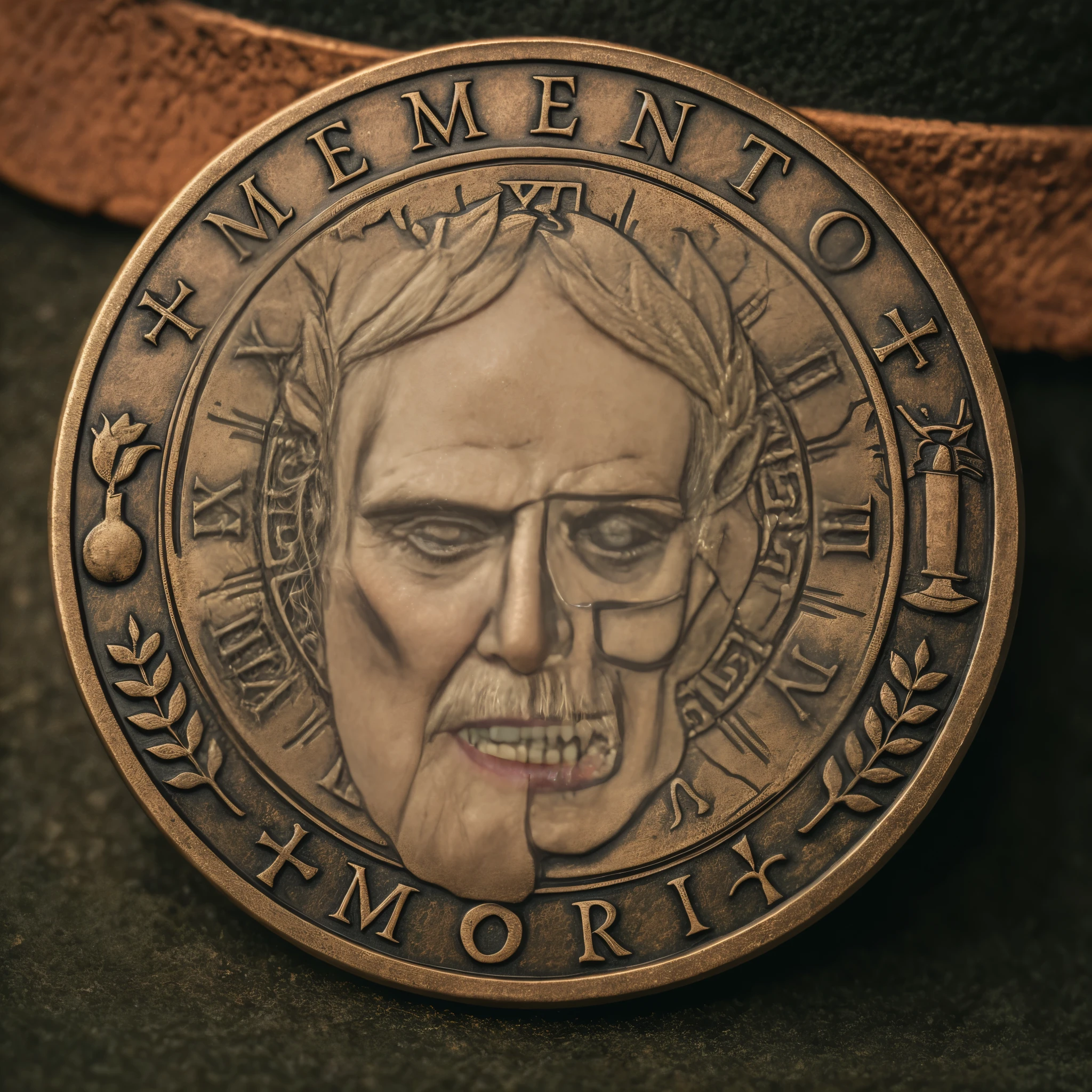 a close up of a bronze medal with a man's face on it, coin of secret society, memento mori, portrait of emperor of mankind, coin, necronomicon style, close up shot of an amulet, highly detailed engraving, portrait of daemons, made of bronze, momento mori, medal, detailed close up shot, engraved highly detailed
