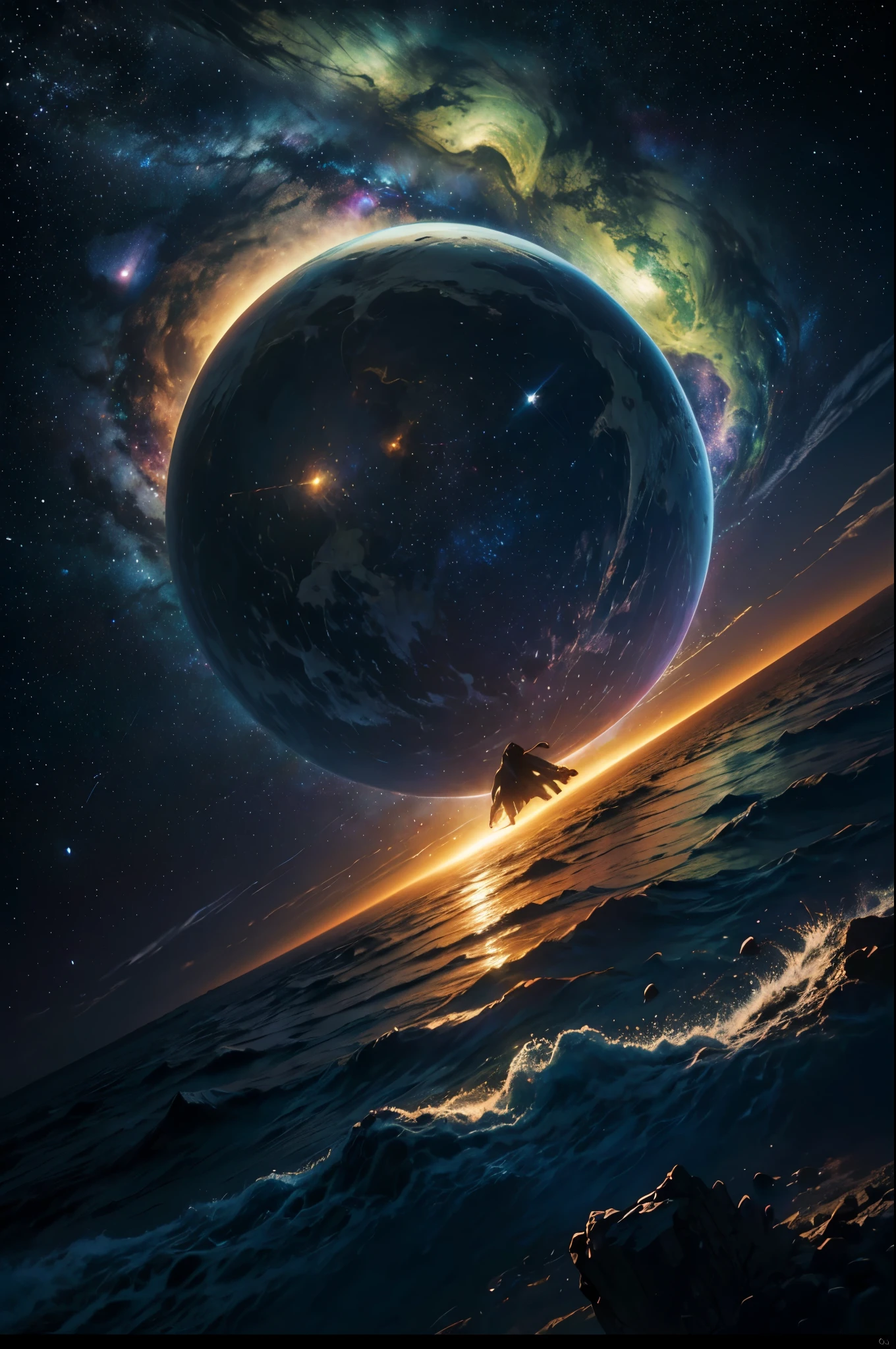 (La mejor calidad,4k,8k,Altas Resoluciones,Obra maestra:1.2),Ultra detallado,(realista,fotorrealista,fotorrealista:1.37),arte planetario,sistema solar,cielo nocturno,estrellas brillantes,Cosmic Wonders,Cuerpos celestes,planetas en movimiento,Orbiting planets,space exploration,astronomy,Viaje interestelar,exoplanetas,alien worlds,galaxias distantes,Nebulosas,viveros estelares,Explosiones estelares,Milky Way Galaxy,intergalactic journey,cosmic dust,Continuo espacio-tiempo,Materia oscura,revelando el universo,Belleza infinita,astrophotography,Galactic Adventures,universo misterioso,Cosmic Energy,Explorando lo desconocido,Constelaciones estelares,Celestial Navigation,stellar dynamics,Deep space exploration,CosmicLandscapes,vista de astronauta,universo espectacular,Paisajes impresionantes,horizontes lejanos,Espacio luminoso,Estrellas pulsantes,cosmic ballet,Paisaje lunar,visiones de otro mundo,enigmatic space,cosmos cautivador,ever expanding universe,auroras coloridas