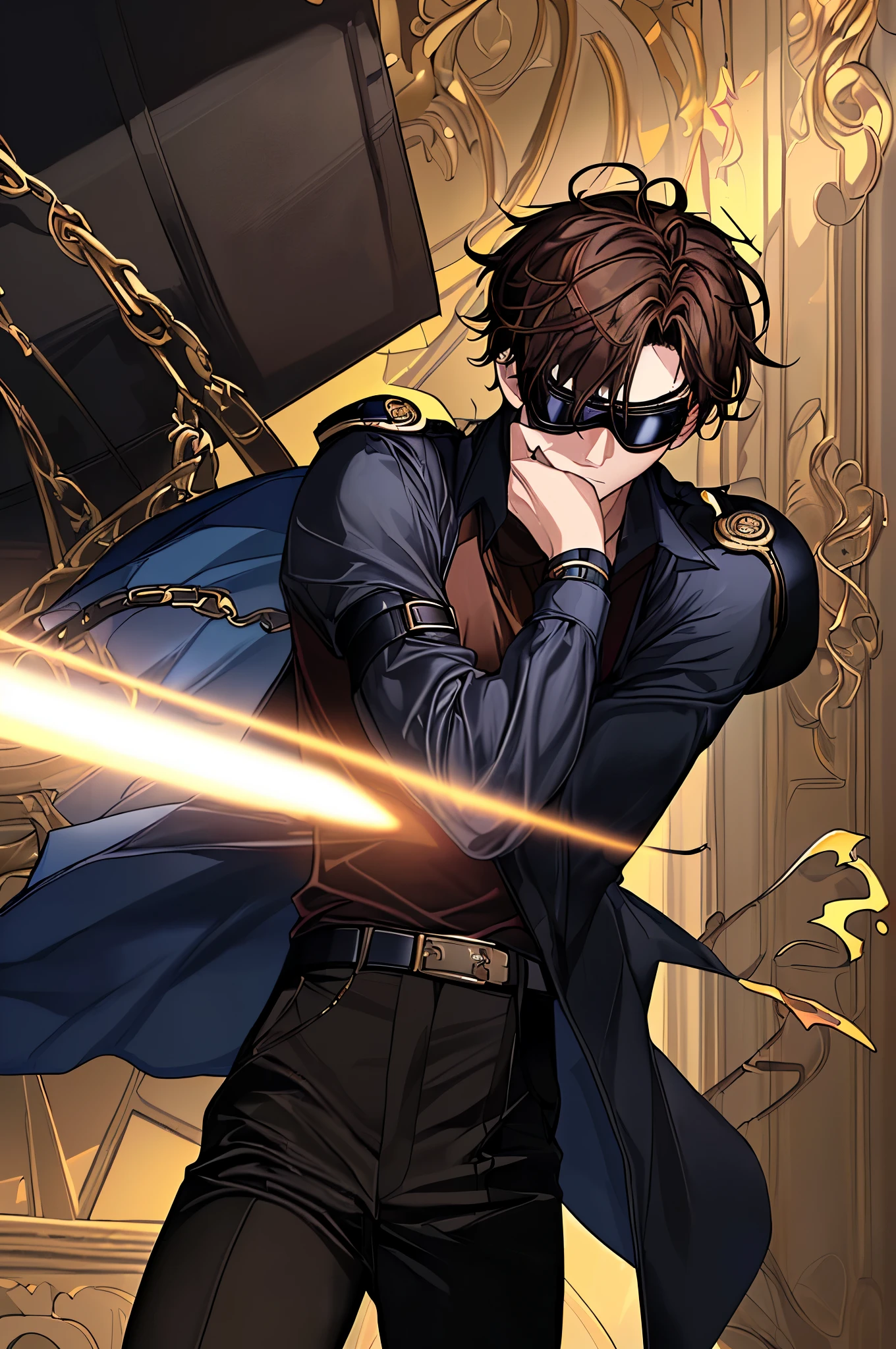 (masterpiece、top-quality、absurderes)、 18-year-old adult male, Detailed pupil glow, short, twitchy dark brown hair, Long bangs, gold and red eyes, Dark Blue Shirt, black pants, Contre-Jour, large goggles covering his eyes, utility belt