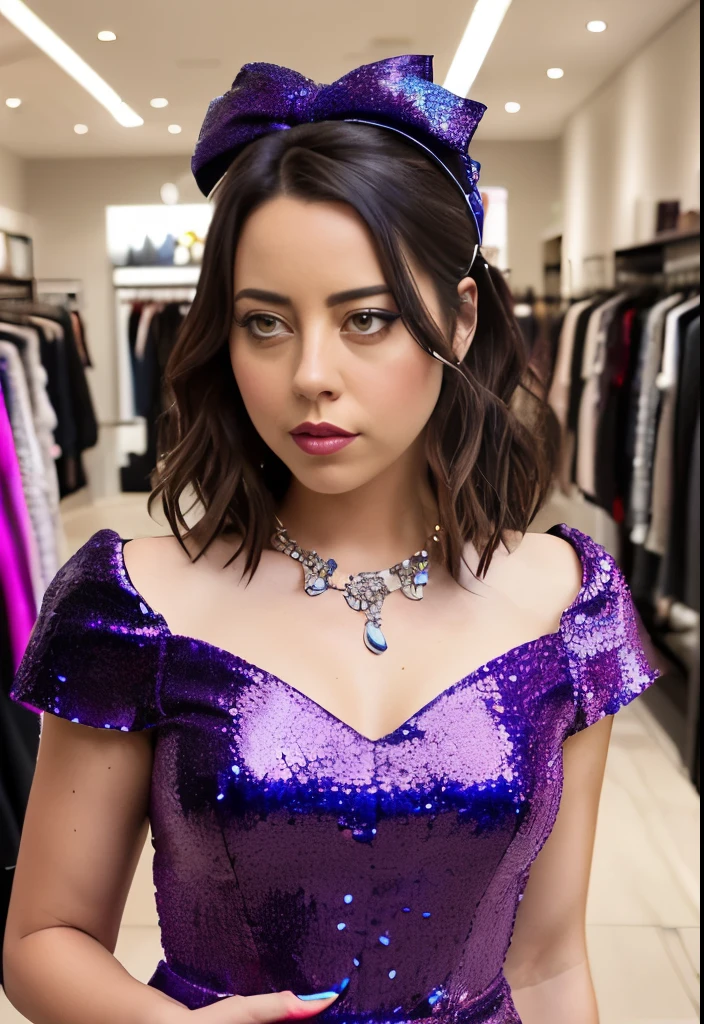 masterpiece, lifelike full body image of AubreyPlaza, ((wearing a very sparkly designer purple dress and headband)), ((red Ruby shoes like Dorothy)), frowning, photo realistic, highly detailed, purple lipstick, purple eyeliner and eye shadow , detailed face, resting bitch face, hair windswept, dramatic lighting, detailed eyes, standing an upmarket clothes shop