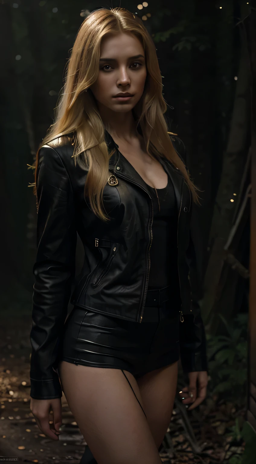 beautiful girl with long blonde hair and wearing a leather jacket, standing in the night forest, mystic dark fantasy, realistic photo, high details, digital painting, cinematic, stunning, hyper-realistic, sharp focus, high resolution 8K, insanely detailed