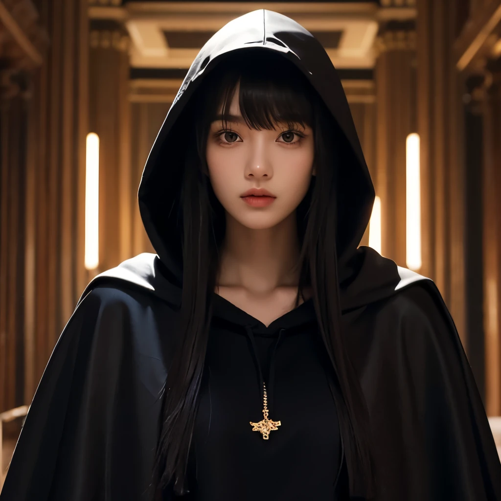 20 year old girl, slim, long black hair, bangs on her head, brown eyes, modern hooded cape,standing straight, looking straight ahead, royal room, night,portrait