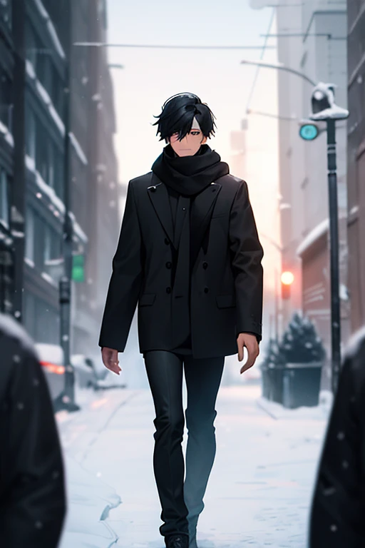 a man with a black hair and a black outfit and a black scarf and a black hoodie and a black and white background, (1girl:0.872), (black hair:0.758), (blurry:0.926), (blurry background:0.703), (brown eyes:0.562), (depth of field:0.625), (long hair:0.855), (outdoors:0.541), (scarf:0.9), (snow:0.925), (solo:0.886), (upper body:0.683)