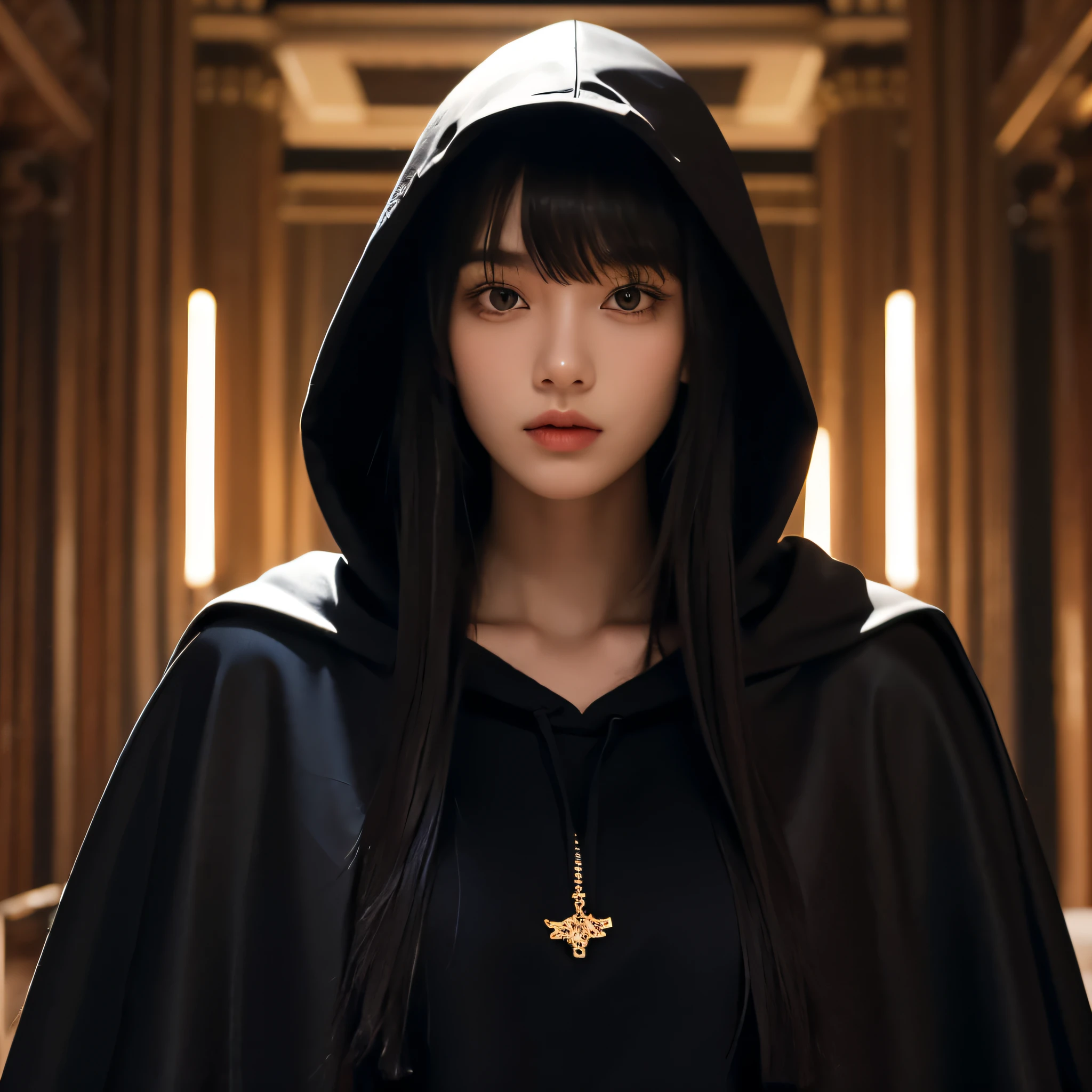 20 year old girl, Slim, long black hair, bangs on her head, Brown eyes, modern cape with hood,standing straight, Looking straight ahead, Royal Room, night,portrait